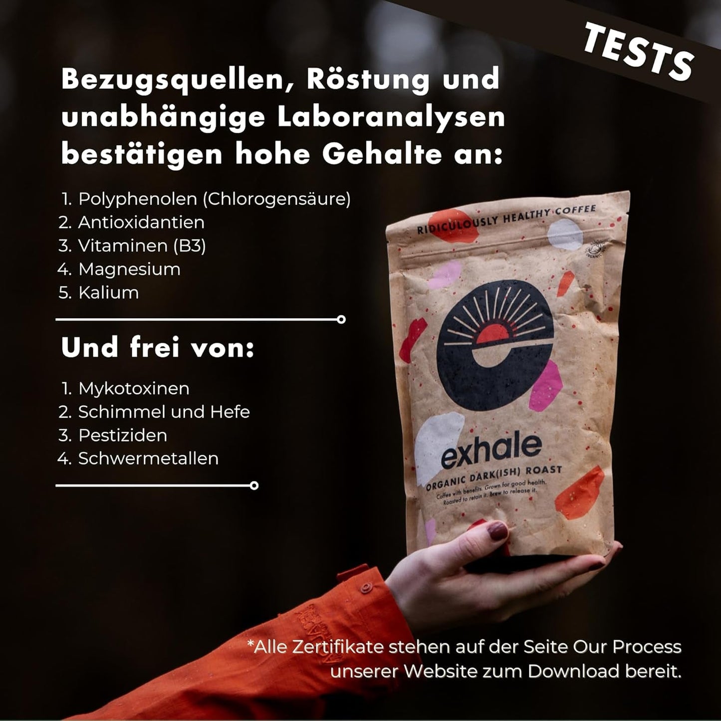 EXHALE Bio GANZE BOHNEN – Dunkel Gerösteter Kaffee – opakowanie 450g – Mykotoxinfrei & Geeignet für Kuloodporna kawa – Single Origin i 100% Arabica Bohnen