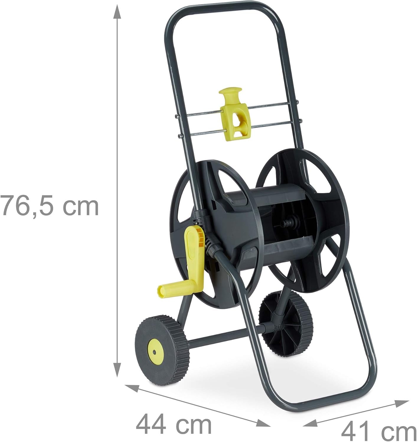 Wózek na wąż Relaxdays 45m, mobilny bęben na wąż ogrodowy i balkonowy, z prowadnicą węża, 76,5x44x41 cm, szaro-żółty