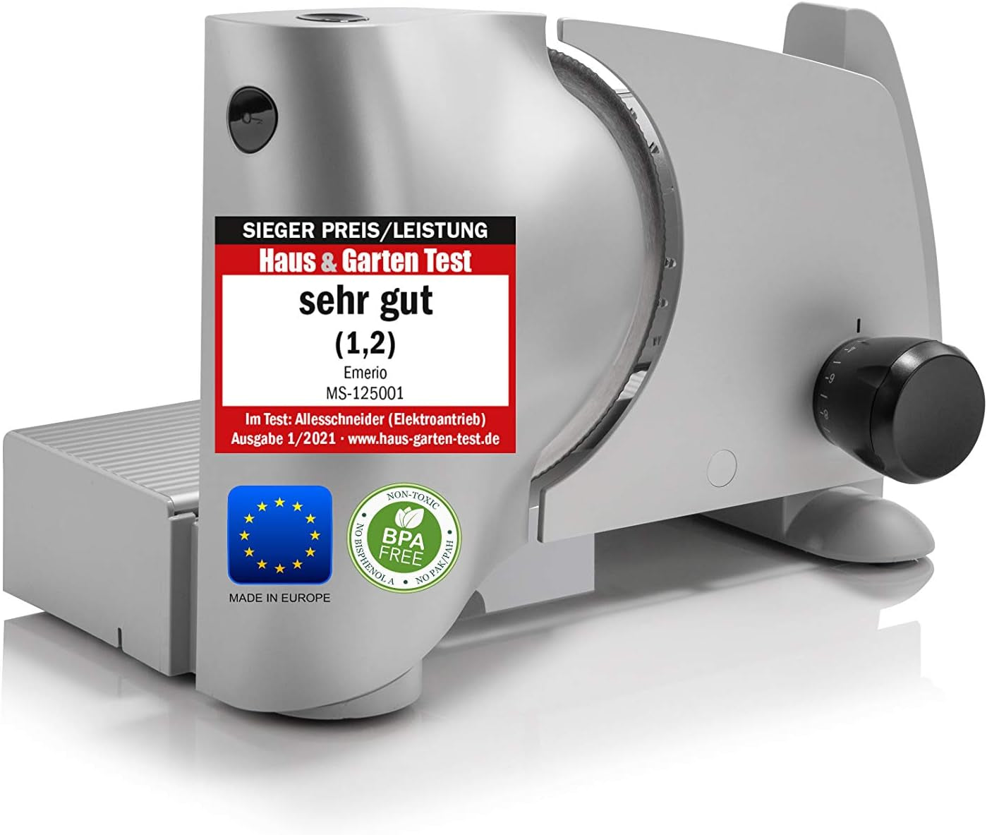 Krajalnica uniwersalna Emerio „Made in EU” MS-125000, ostrze ze stali nierdzewnej wyprodukowane w Niemczech, regulacja 0-17 mm, 100 W Naty Shop Pojedyncze krajalnice i krajalnice srebrne