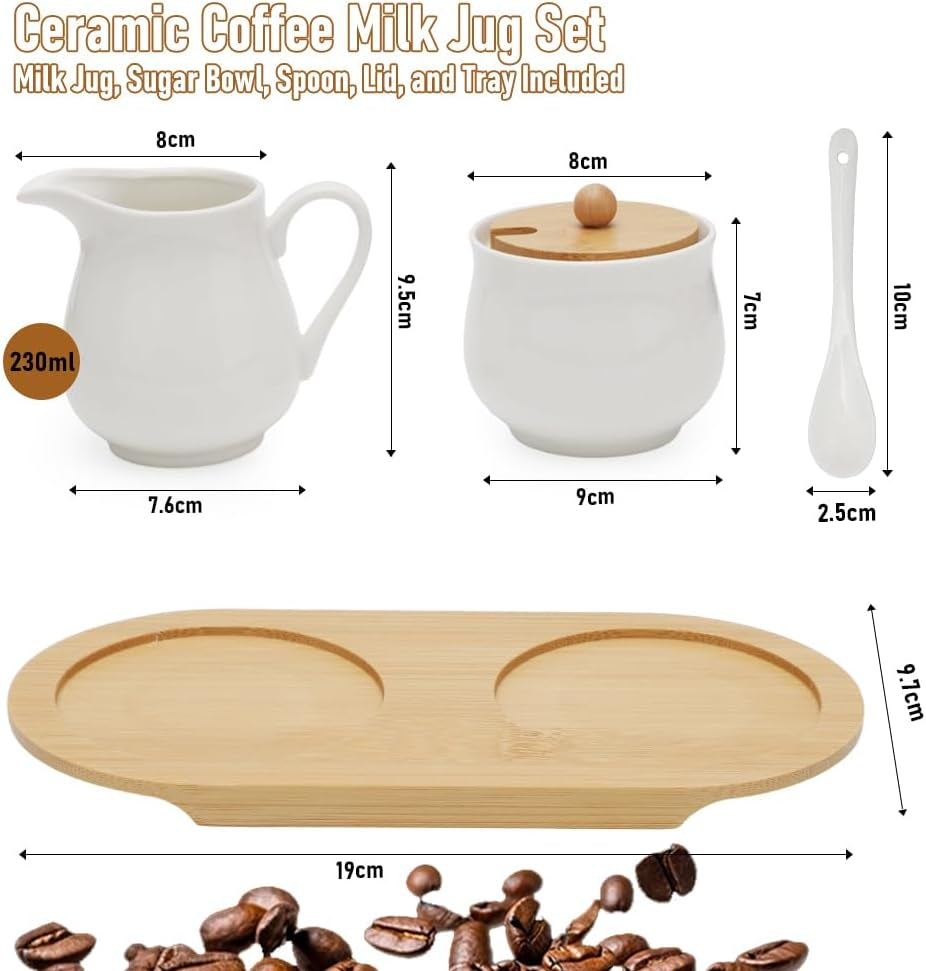 Zestaw do mleka i cukru z pokrywką i łyżką, 5-częściowy ceramiczny dzbanek na mleko i cukiernica z drewnianą tabliczką, pojemnik na mleko i cukier do kuchni, kawa, kuchenka mikrofalowa i zmywarka (biały)