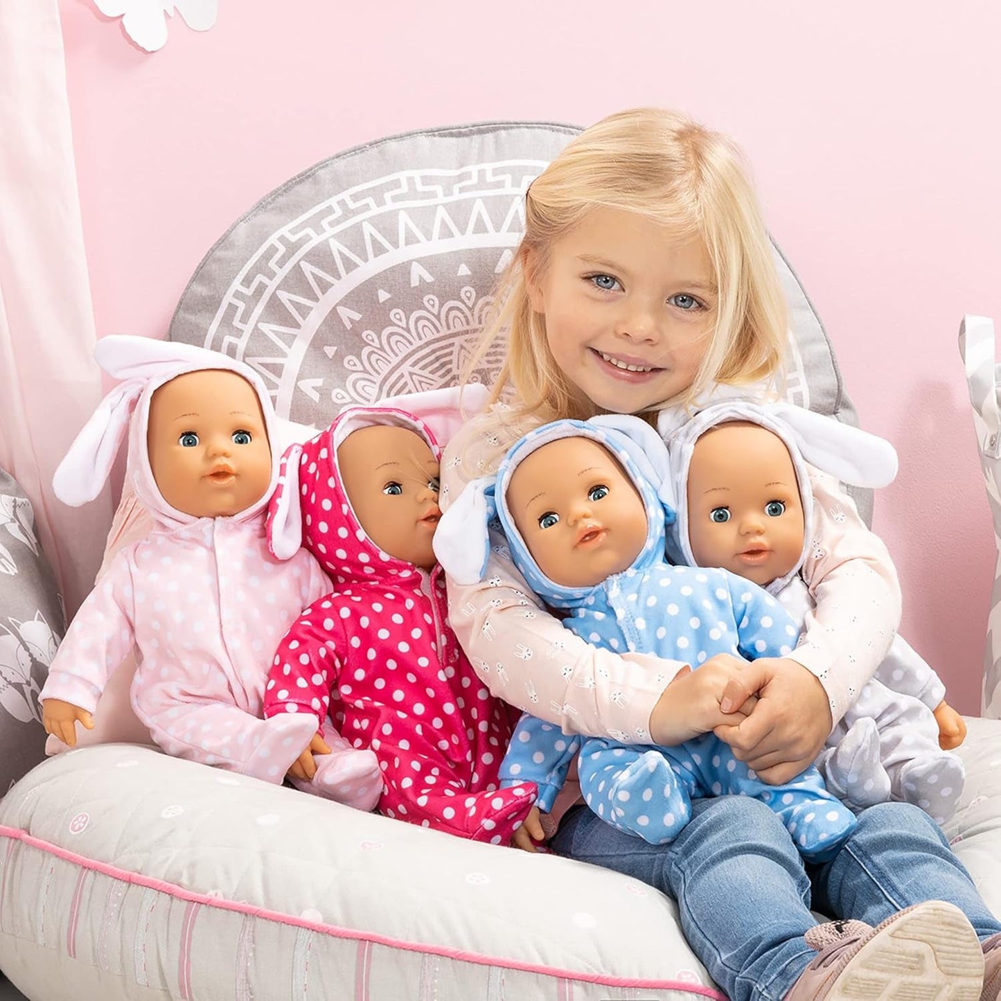 Bayer Design 93822AA Babypuppe Anna, sricht 24 Babylaute, weicher Körper, Schlafaugen, Schnuller, Flasche, 38 cm, różowy, mały
