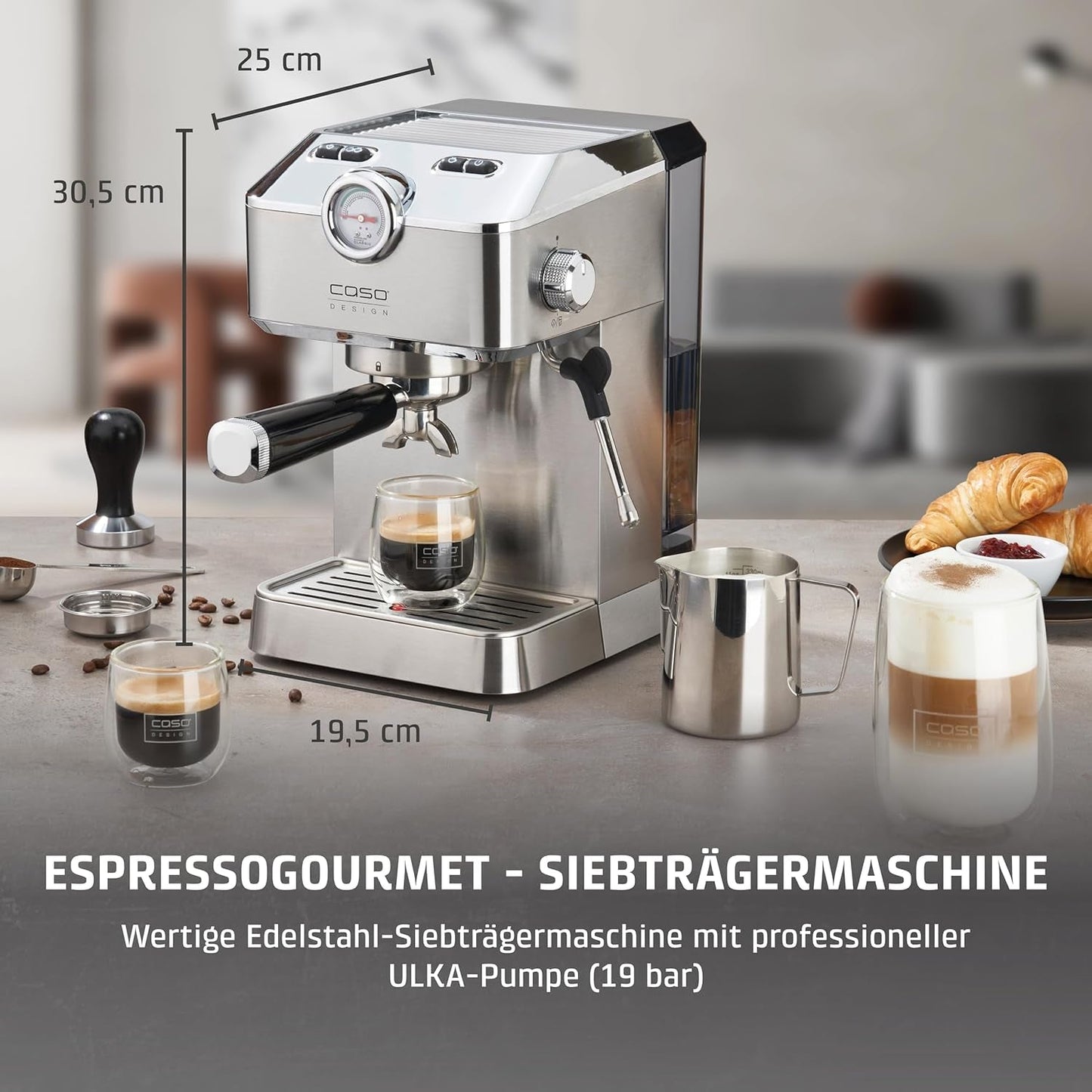 Caso Espresso Gourmet - Ekspres do kawy z kolbą ze stali nierdzewnej, wydajna pompa Ulka 19 Bar, ze spieniaczem do mleka, do kawy mielonej lub kapsułek z kawą ESE, na 2 filiżanki, z podgrzewaczem do filiżanek