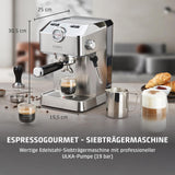 Caso Espresso Gourmet - Ekspres do kawy z kolbą ze stali nierdzewnej, wydajna pompa Ulka 19 Bar, ze spieniaczem do mleka, do kawy mielonej lub kapsułek z kawą ESE, na 2 filiżanki, z podgrzewaczem do filiżanek
