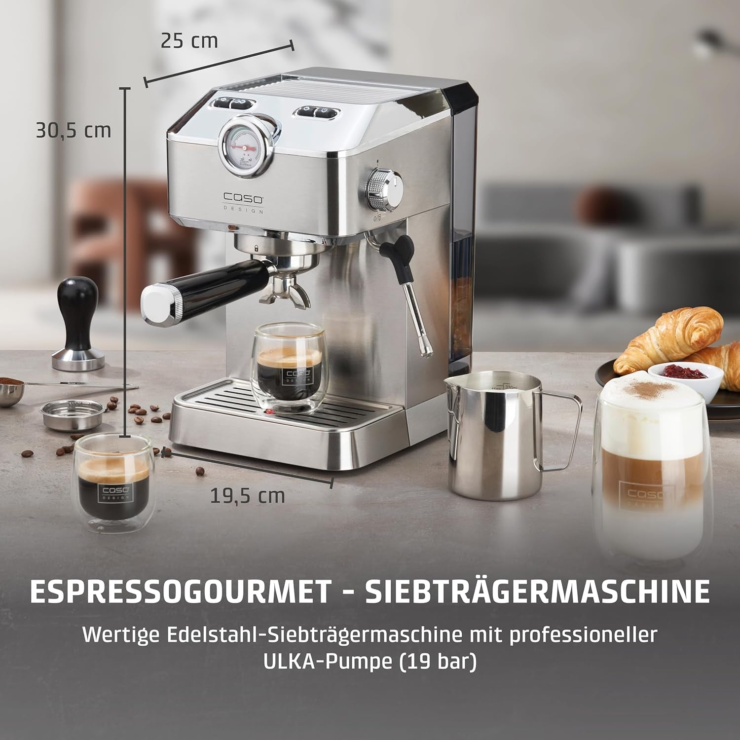 Caso Espresso Gourmet - Ekspres do kawy z kolbą ze stali nierdzewnej, wydajna pompa Ulka 19 Bar, ze spieniaczem do mleka, do kawy mielonej lub kapsułek z kawą ESE, na 2 filiżanki, z podgrzewaczem do filiżanek