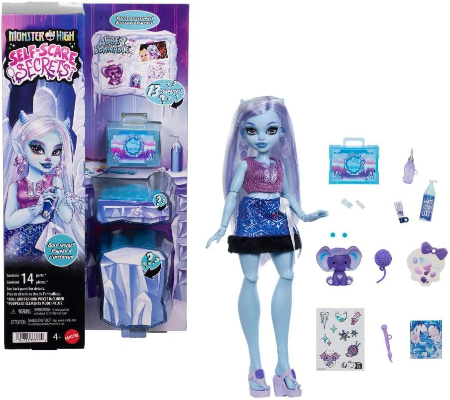Monster High Self-Scare Secrets Abbey Bominable Lalka i zestaw akcesoriów z 13 realistycznymi niespodziankami, takimi jak henna, rysunki i szydełko JHK44