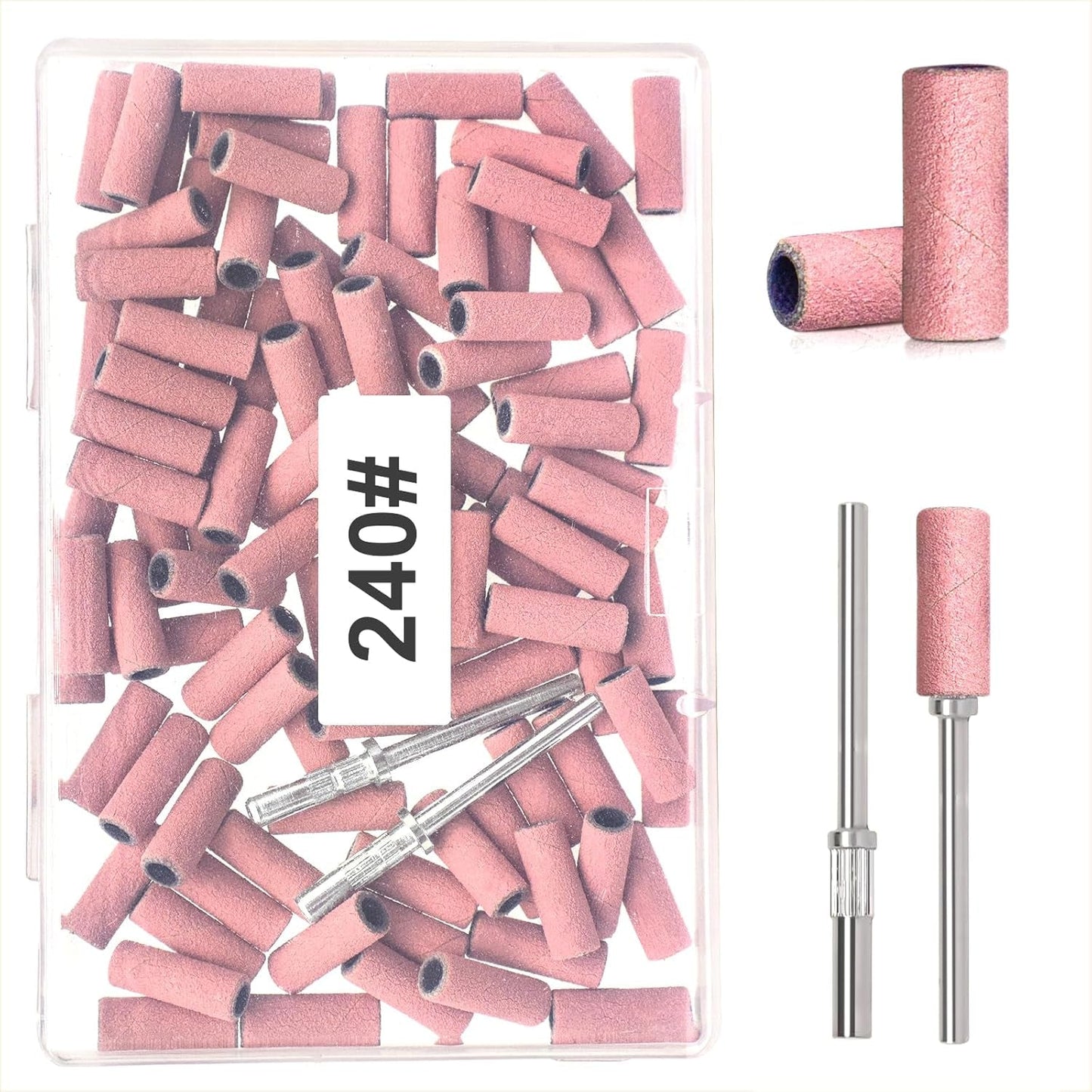 BLESWIN 100 szt. małych taśm szlifierskich do wierteł do paznokci, drobne ziarno 240 z 2 szt. wierteł 3 mm, mini taśmy szlifierskie do polerowania naturalnych paznokci i czyszczenia skórek do przygotowania, różowy