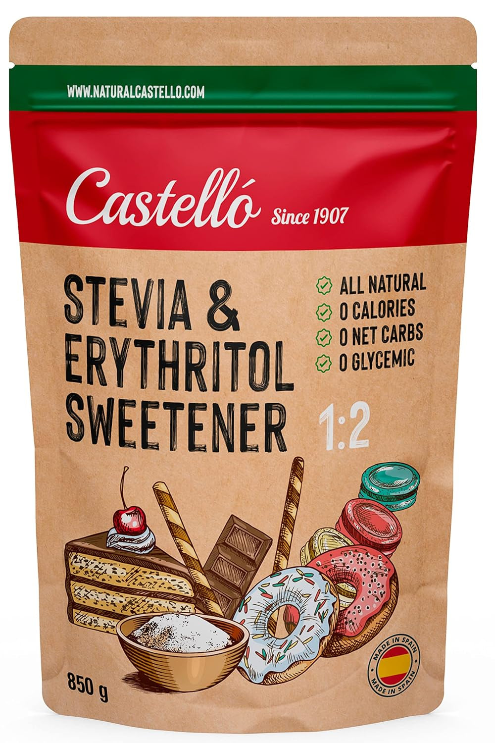 Stewia + Erytrytol 1:2 Süßstoff | 1G = 2G Zucker | 100% Natürlicher Zuckerersatz - 0 Kalorien - 0 Glykämischer Index - Keto Und Paleo - 0 Netto-Kohlenhydrat - Kein GVO - Castello od 1907 - 850 G Słodziki Naty Shop Default Title