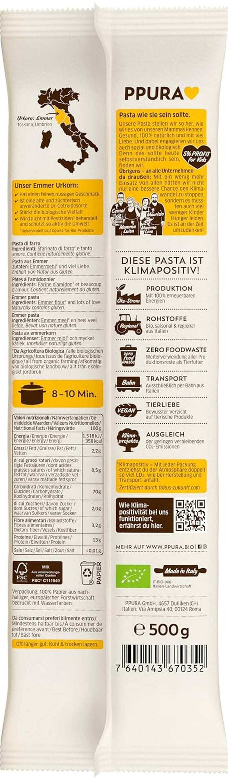 PPURA Organiczny Makaron Spaghetti z Emmer 500g, 100% naturalne spaghetti emmer, wyprodukowane we Włoszech - włoski makaron bez dodatków, barwników i konserwantów