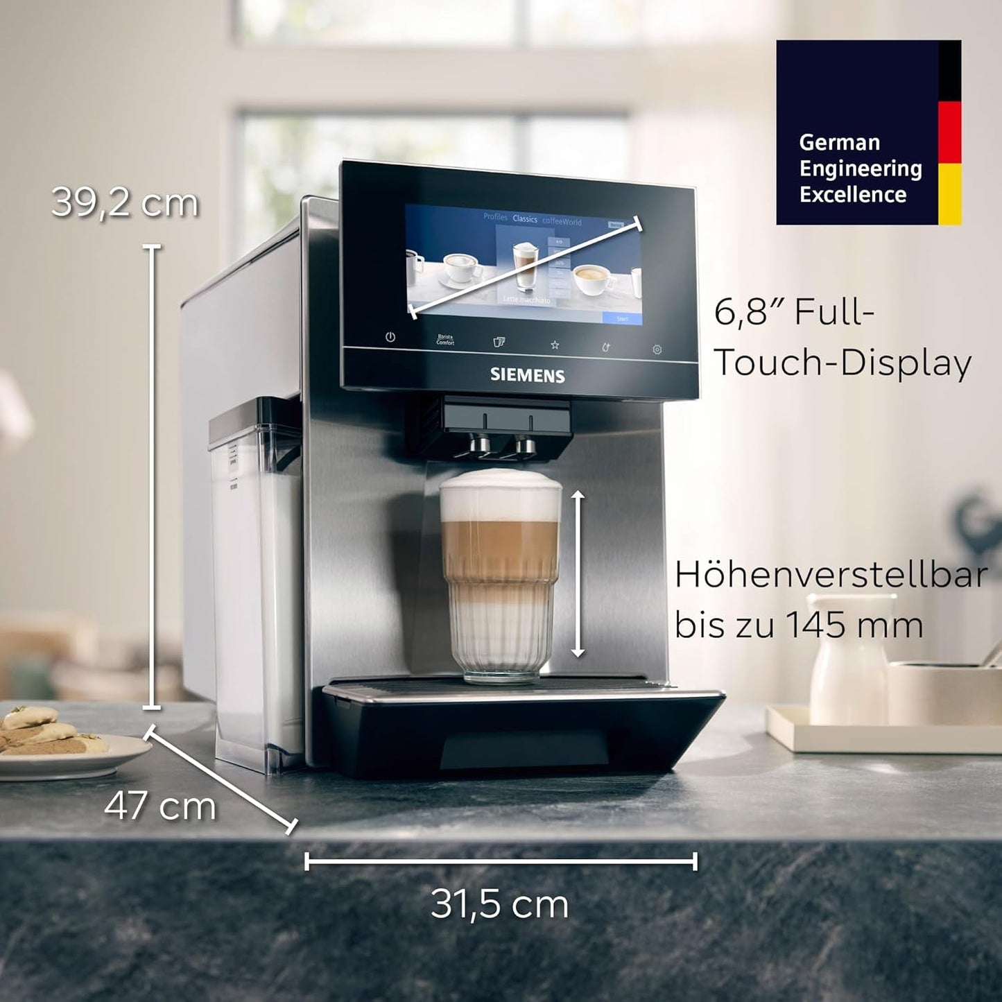 Automatyczny ekspres do kawy Siemens EQ900 TQ903D03, sterowanie z aplikacji, intuicyjny wyświetlacz dotykowy, tryb baristy, AromaBoost, redukcja szumów, młynek Premium, automatyczne czyszczenie parą, 1500 W, stal nierdzewna