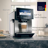 Automatyczny ekspres do kawy Siemens EQ900 TQ903D03, sterowanie z aplikacji, intuicyjny wyświetlacz dotykowy, tryb baristy, AromaBoost, redukcja szumów, młynek Premium, automatyczne czyszczenie parą, 1500 W, stal nierdzewna