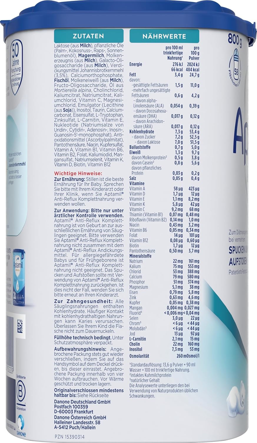 Aptamil Anti-Reflux - Kompletna formuła od urodzenia Zarządzanie dietą Wymioty i zarzucanie pokarmu Pokarm dla niemowląt Mleko w proszku 1 x 800g