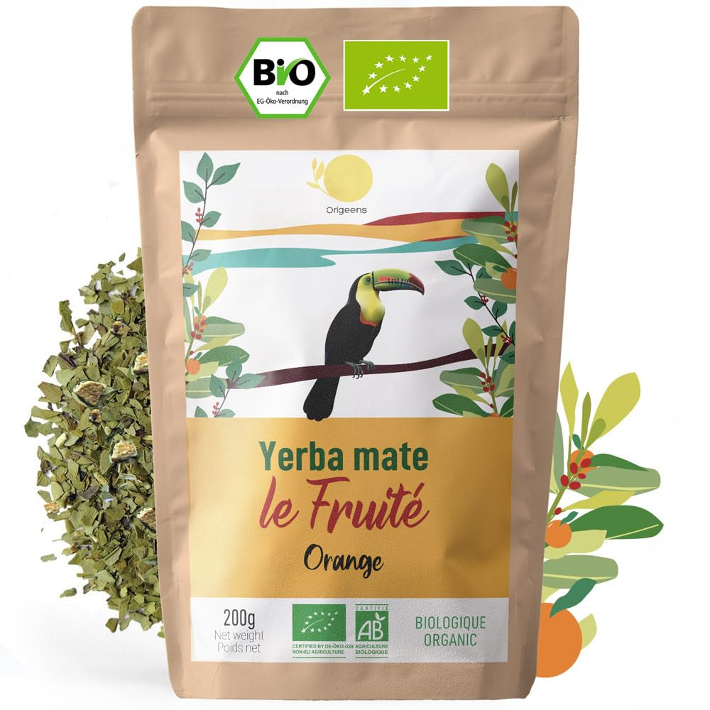 ORIGEENS BIO YERBA MATE z pomarańczami 200 G - Herbata owocowa I Organiczna niepalona Yerba Mate herbata bez szypułek i pyłu I Napój energetyzujący i detoksykujący