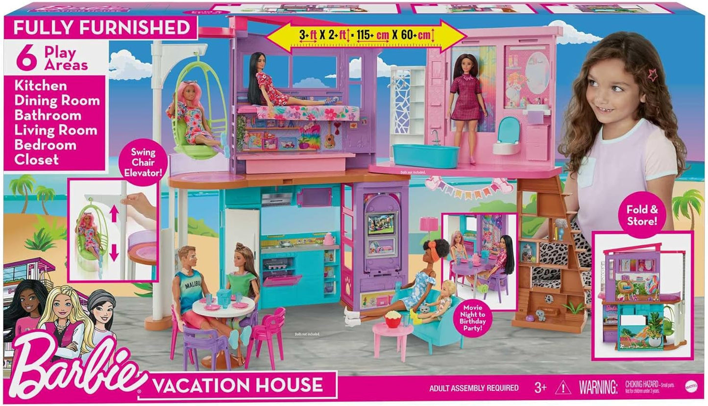 Domek wakacyjny Barbie (116 x 77,9 cm), 6-osobowy domek do zabawy, w pełni wyposażony w akcesoria, meble i windę, składany i do przechowywania, lalka, prezent dla dzieci w wieku 3 lat i starszych, HCD50