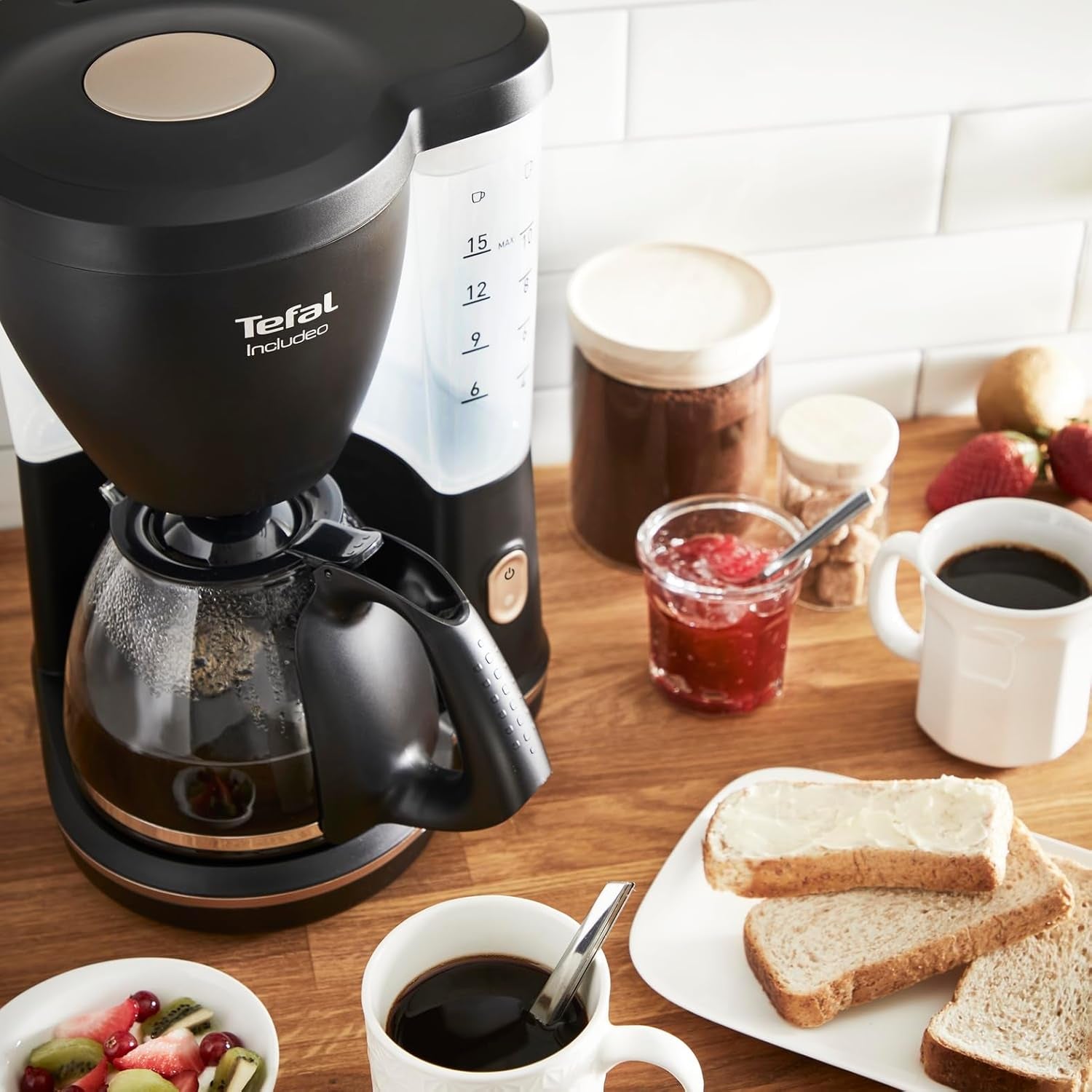Ekspres do kawy Tefal Includeo z filtrem, Ekspres do kawy Niezwykle łatwy w obsłudze, Odpowiedni dla osób prawo- i leworęcznych, Automatyczne otwieranie pokrywy, 1,25 l, 10 do 15 filiżanek, CM533811
