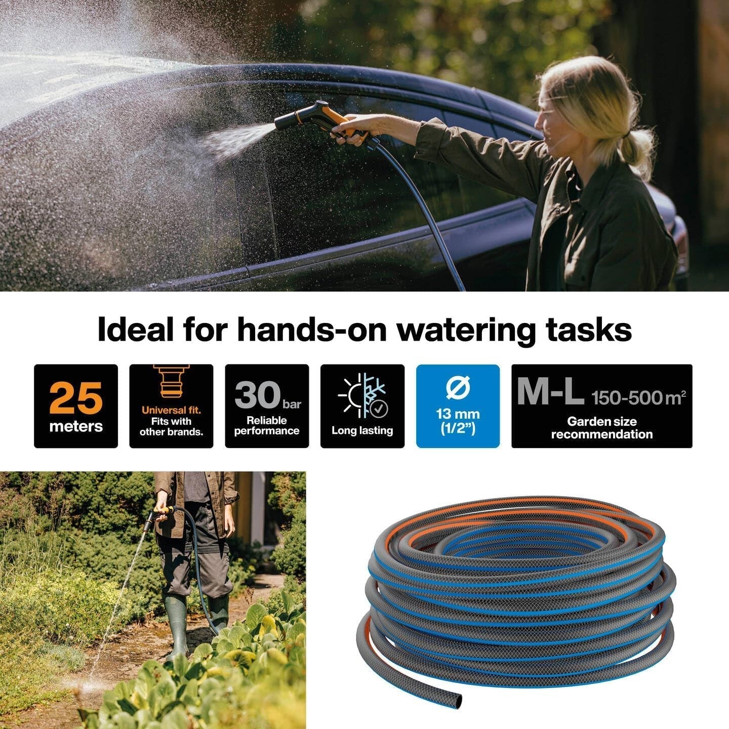 Wąż ogrodowy Fiskars ML Seria X Wąż do ręcznego podlewania wody 13 mm (1/2"), Długość: 25 m, Złącze uniwersalne, Ochrona przed promieniowaniem UV, Ochrona przed mrozem, Odporny na skręcanie, Niebieski, 1076045