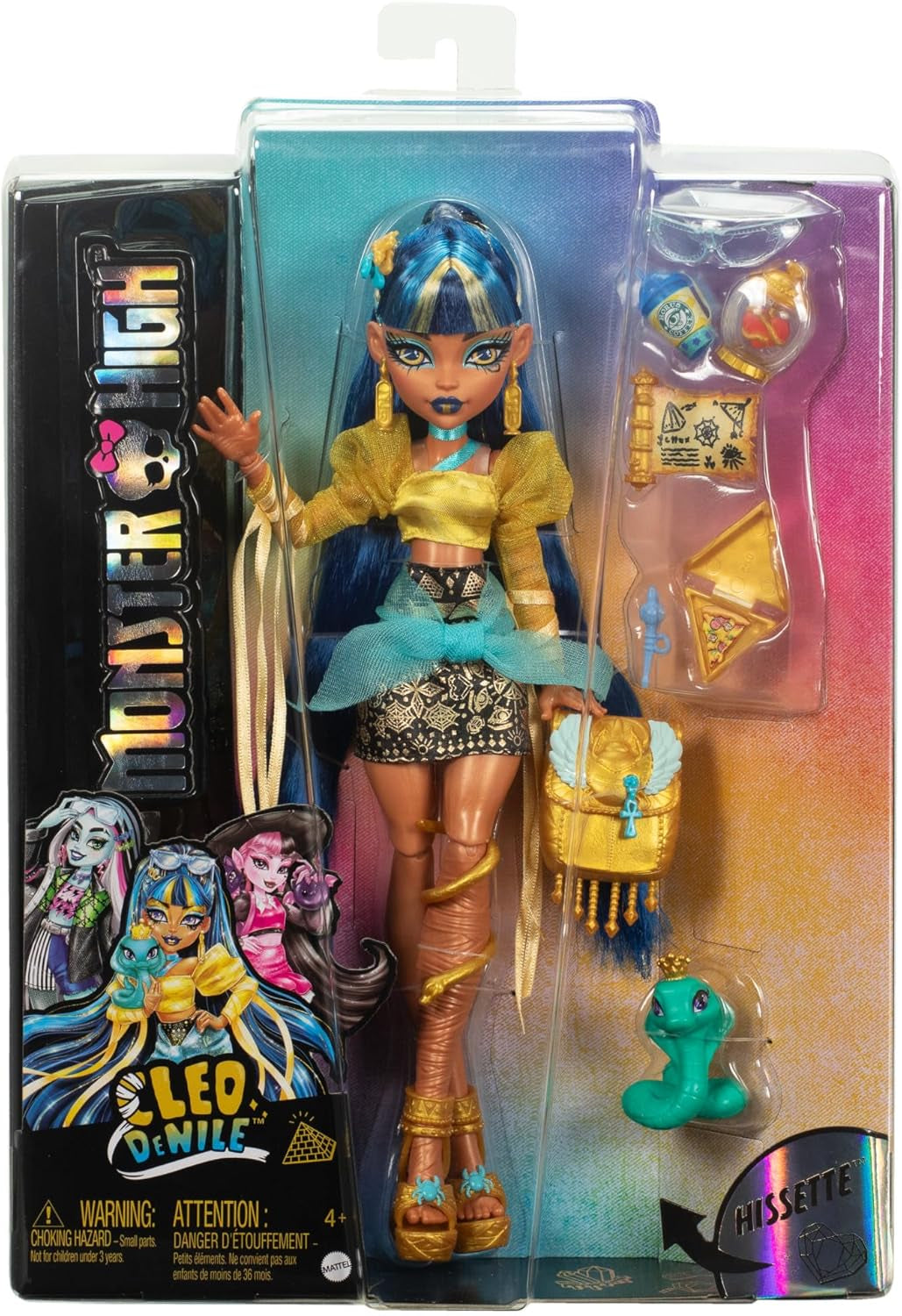 Lalka Monster High Cleo De Nile w złotej bluzce i warstwowej spódnicy, zawiera kobrę Hissette i akcesoria, takie jak tornister, przekąskę i rolkę papieru toaletowego, HXH74