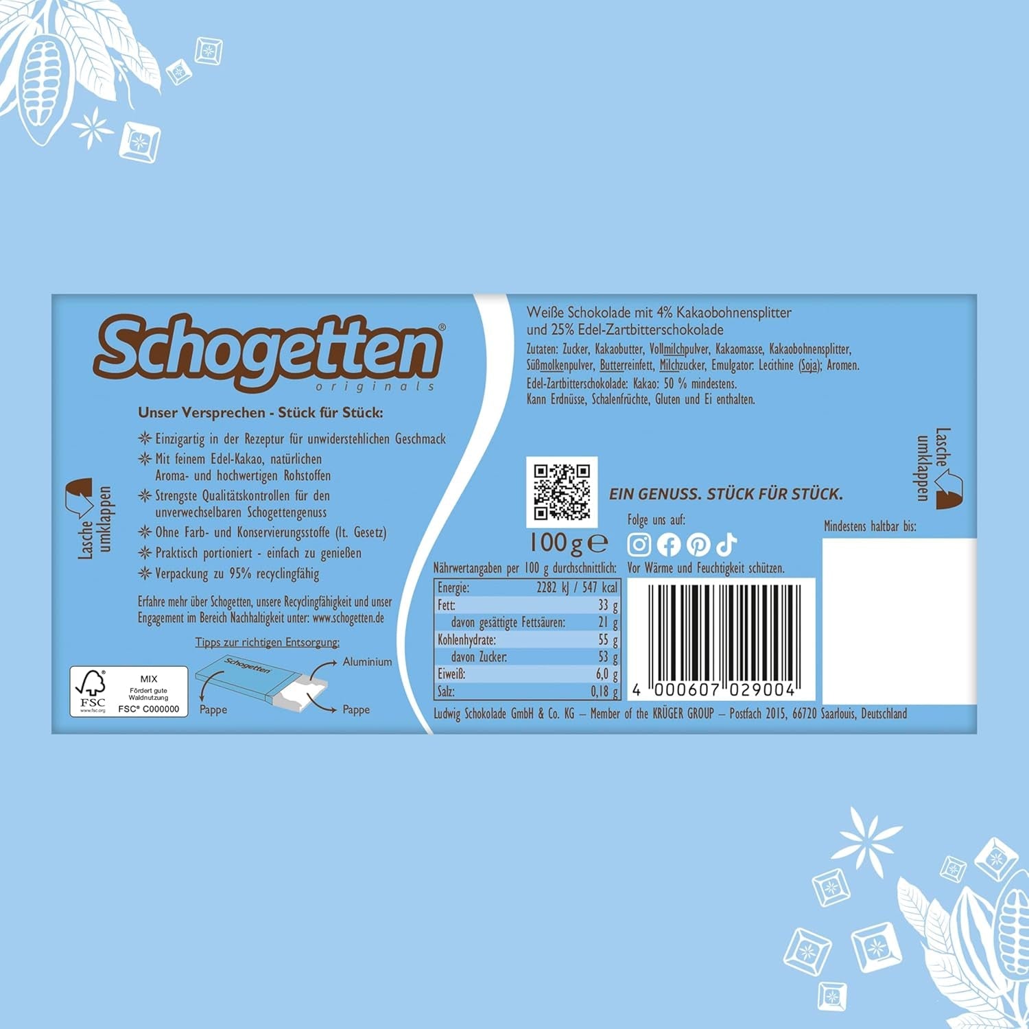 Batonik czekoladowy Schogetten Stracciatella 100g, pojedynczo porcjowany. Rozkosz. Kawałek po kawałku.