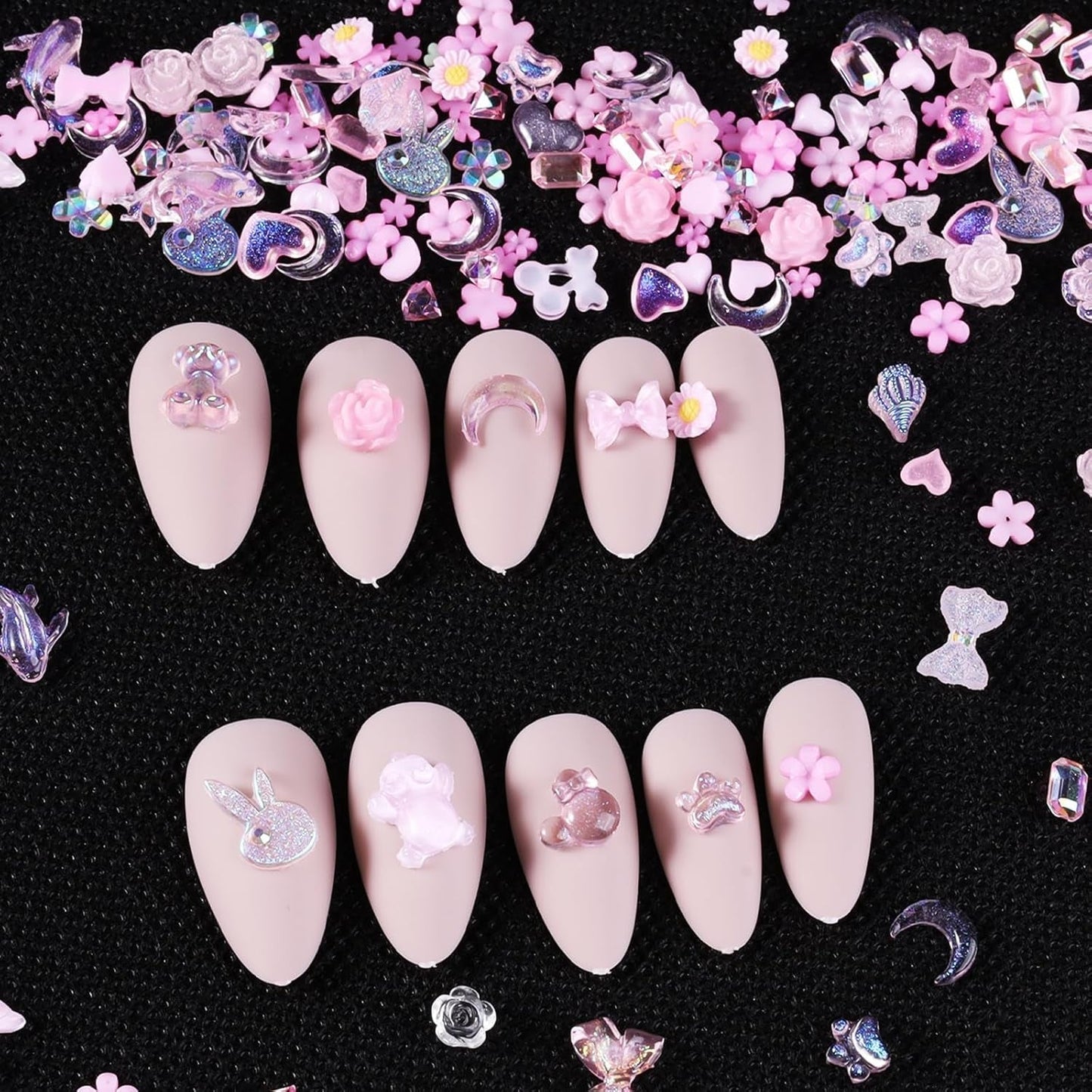 100 szt. Kokardki do paznokci Y2K 3D Żywica Kamelia Kwiatowe zawieszki do paznokci Kawaii Cyrkonie Ozdoby do paznokci, wzory, akcesoria do rękodzieła DIY (różowy)