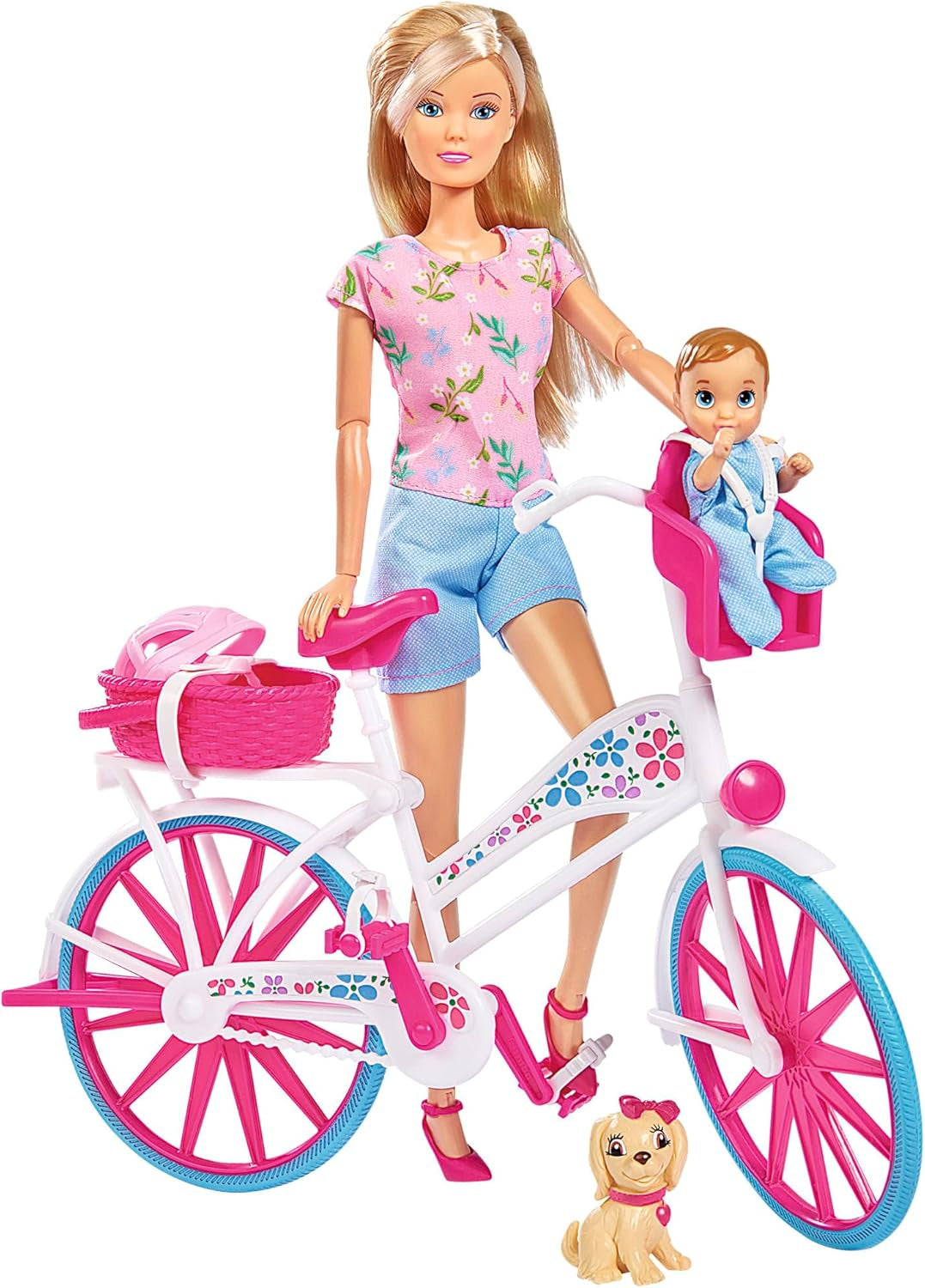 Simba 105739050 - Steffi Love Bike Tour, Steffi i Evi w ich trzypiętrowym zamku z huśtawką, meblami i mnóstwem akcesoriów, 40 sztuk, 102x90x38cm, dla dzieci w wieku 3 lat i starszych