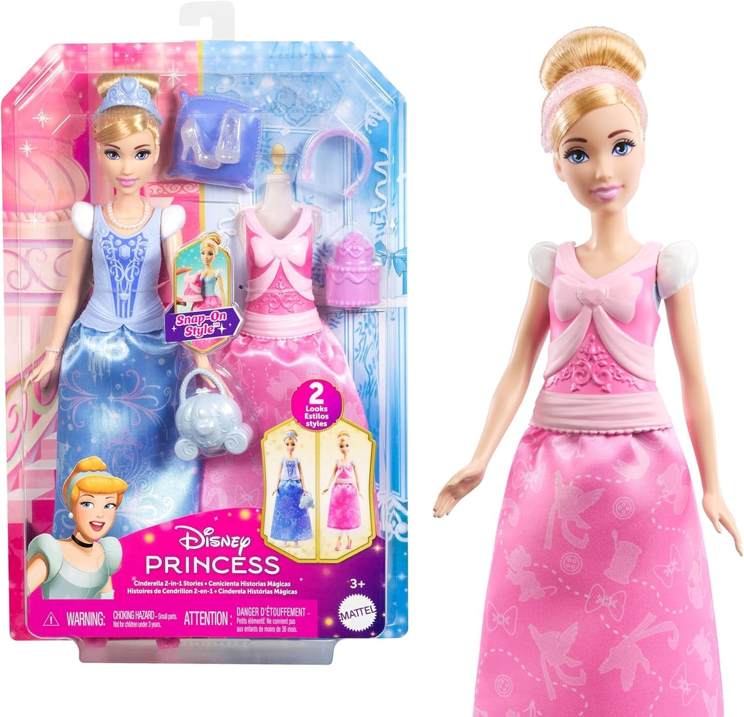 Mattel Disney Princess Toys Modna lalka Kopciuszek z 2 strojami, 9 akcesoriami, 2 topami z klipsami i 2 spódniczkami. Historie 2 w 1 inspirowane filmem Disneya JCR95