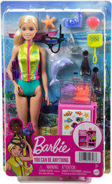 Seria Barbie „Możesz być kimkolwiek”, biolog morski, 1x lalka z blond włosami, kostium kąpielowy, delfin, akcesoria, prezent dla dzieci, zabawka w wieku 3+, HMH26