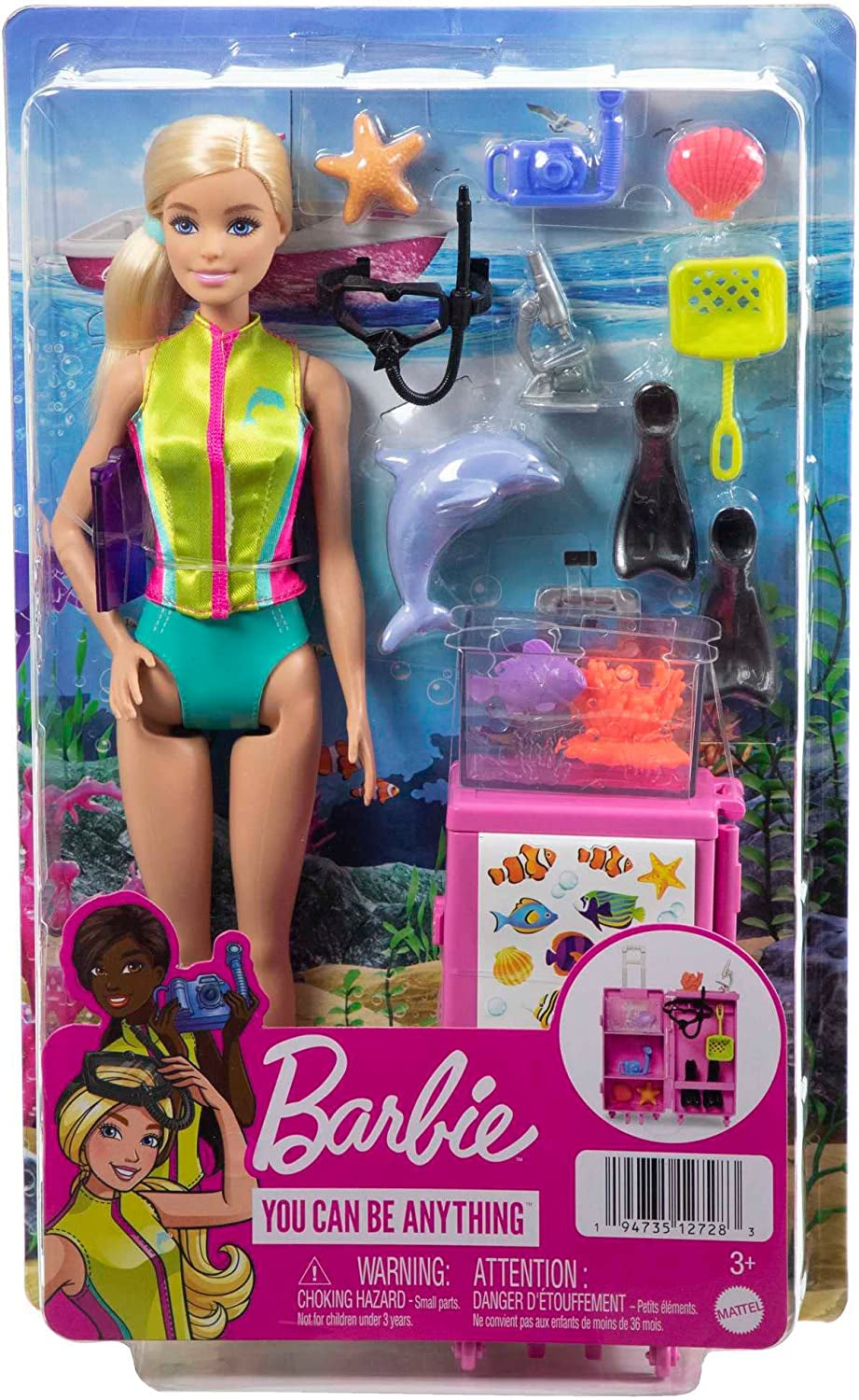 Seria Barbie „Możesz być kimkolwiek”, biolog morski, 1x lalka z blond włosami, kostium kąpielowy, delfin, akcesoria, prezent dla dzieci, zabawka w wieku 3+, HMH26