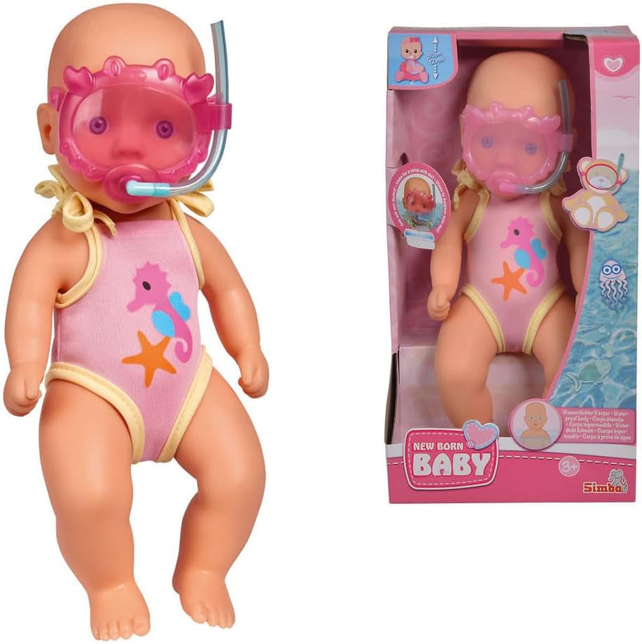 Simba 105030172 - Lalka do kąpieli noworodków, lalka winylowa w kostiumie kąpielowym z okularami do pływania, 30 cm, lalka, lalki w wieku 3+ Naty Shop