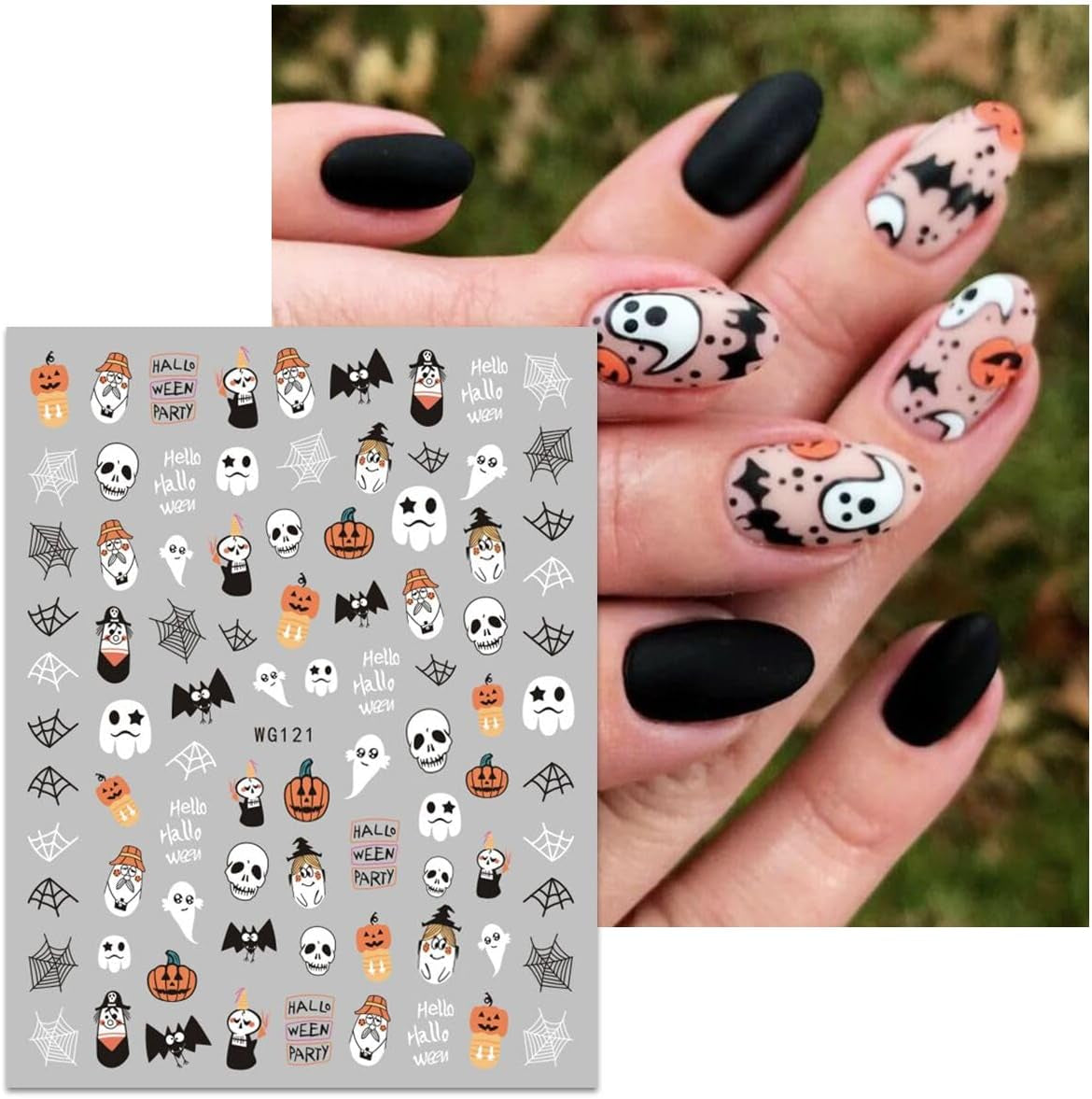 JMEOWIO Nagelsticker Halloween 8 Blatt Nail Art Naklejka Selbstklebend Nagelaufkleber Totenkopf Horror Geist Hexe Spinnennetz Fledermaus Kürbis Spukdekoration Nageldesign Zubehör