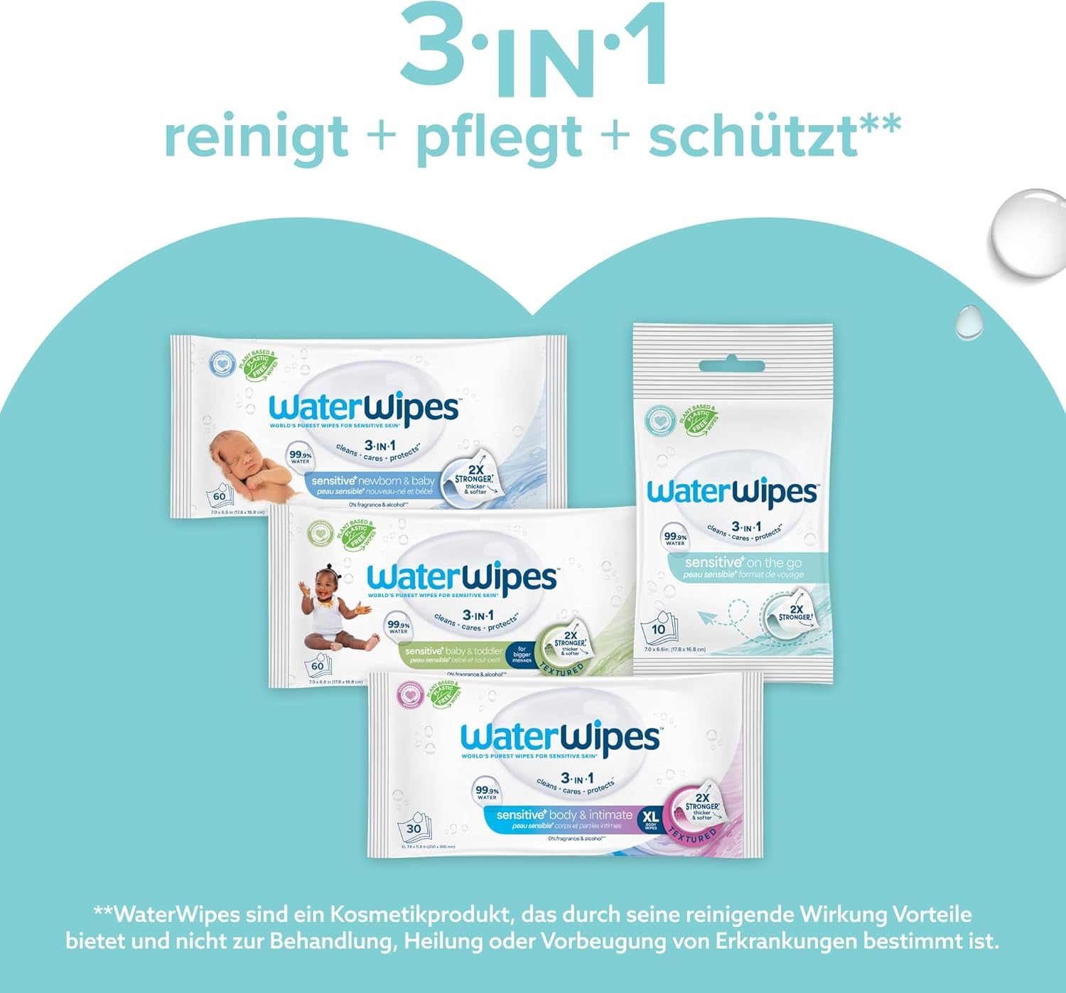 Chusteczki nawilżane WaterWipes Sensitive+ On The Go, 100 chusteczek (10 szt.), 3 w 1 czyści, pielęgnuje, chroni, 99,9% wody, chusteczki bezzapachowe