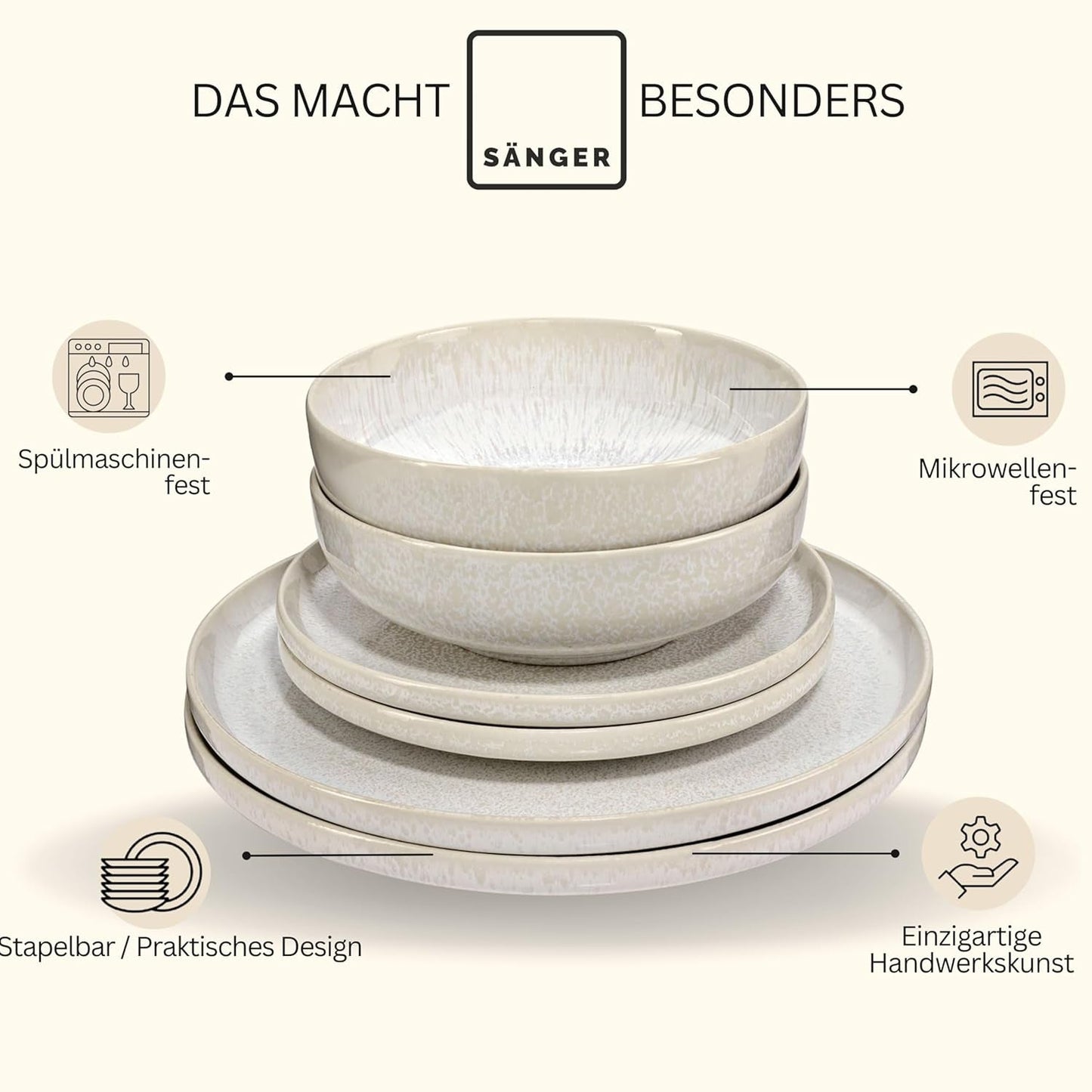 SANGER | 24-częściowy zestaw obiadowy z Korfu Serwis obiadowy na 8 ręcznie robionych ceramicznych zestawów obiadowych obejmujący talerze obiadowe Talerze deserowe i talerze Suma Kremowe naczynia stołowe o piaskowej fakturze