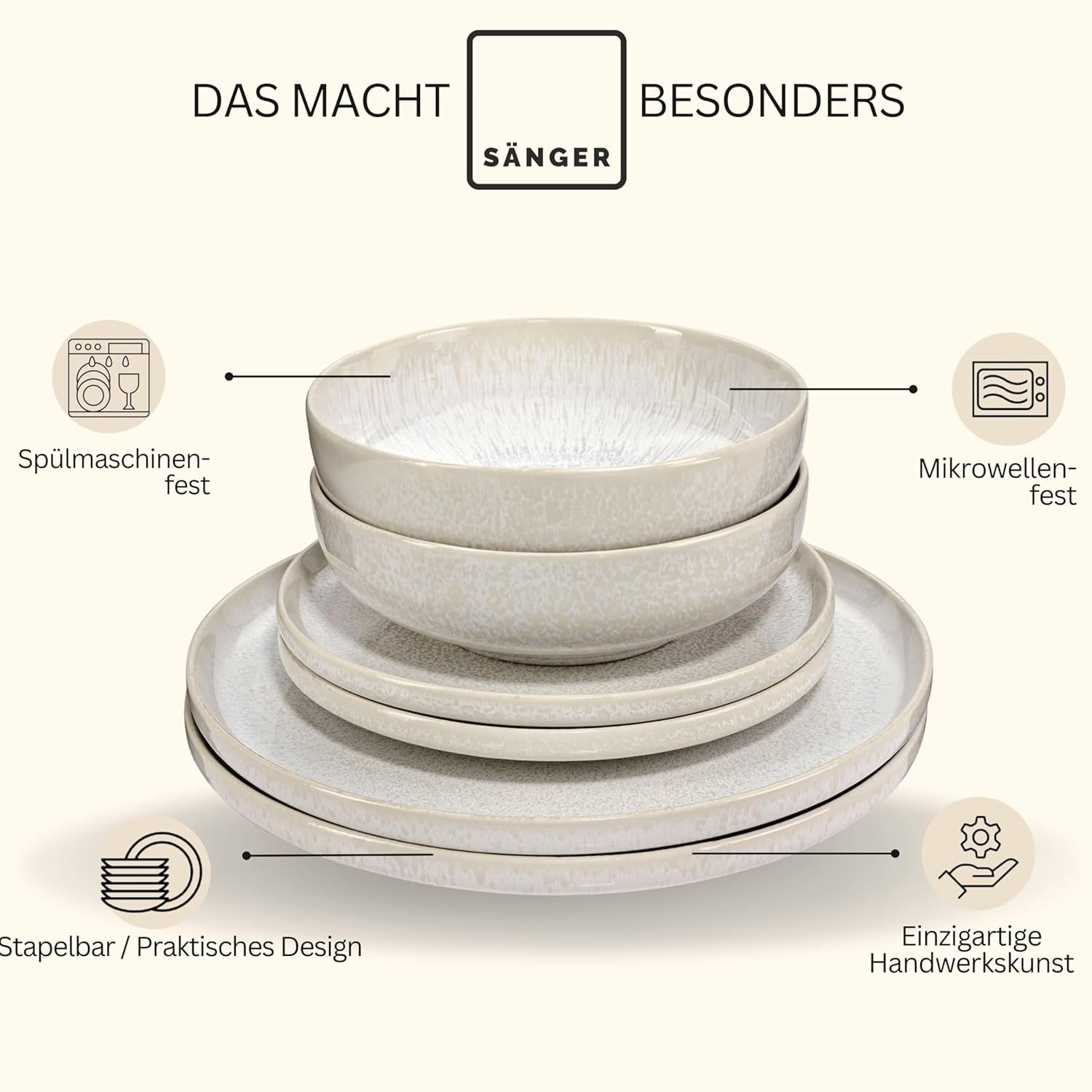 SANGER | 24-częściowy zestaw obiadowy z Korfu Serwis obiadowy na 8 ręcznie robionych ceramicznych zestawów obiadowych obejmujący talerze obiadowe Talerze deserowe i talerze Suma Kremowe naczynia stołowe o piaskowej fakturze