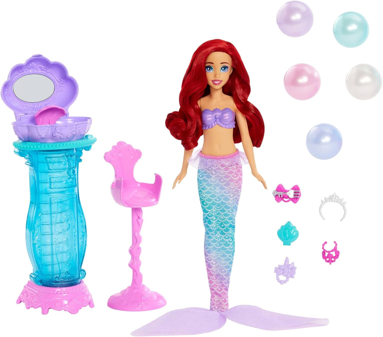 Zabawki Mattel Disney Princess, lalka do makijażu Syrenka Arielle z odpinanym ogonem, stolik do makijażu z 5 powtarzalnymi wyskakującymi niespodziankami i 5 akcesoriami, lalki JBF86 Naty Shop