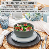 SĘNGER Leeds | 12-częściowy zestaw naczyń obiadowych z kamionki 4-osobowy zestaw talerzy obiadowych (4 talerze obiadowe, 4 talerze deserowe, 4 miski), kolorowa zastawa stołowa odporna na zarysowania | KOLEKCJA WARTOŚCIOWA