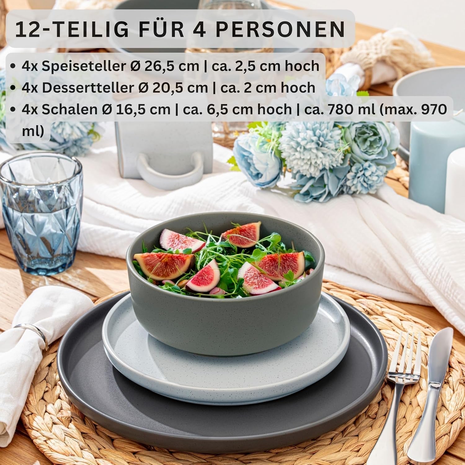 SĘNGER Leeds | 12-częściowy zestaw naczyń obiadowych z kamionki 4-osobowy zestaw talerzy obiadowych (4 talerze obiadowe, 4 talerze deserowe, 4 miski), kolorowa zastawa stołowa odporna na zarysowania | KOLEKCJA WARTOŚCIOWA