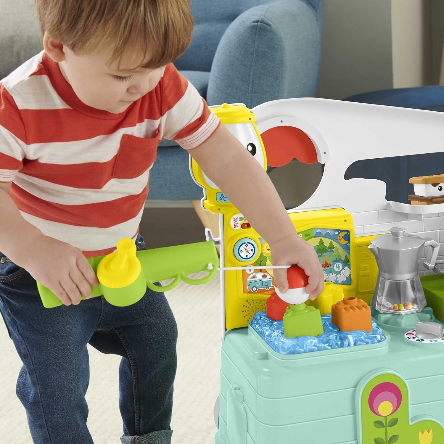 Fisher-Price - Śmiej się i ucz się Camper 3 w 1 Zabawka pchająca dla dzieci i centrum aktywności muzycznej Zabawka dla dzieci 9-36 miesięcy HCK51 Zabawki dla niemowląt Naty Shop