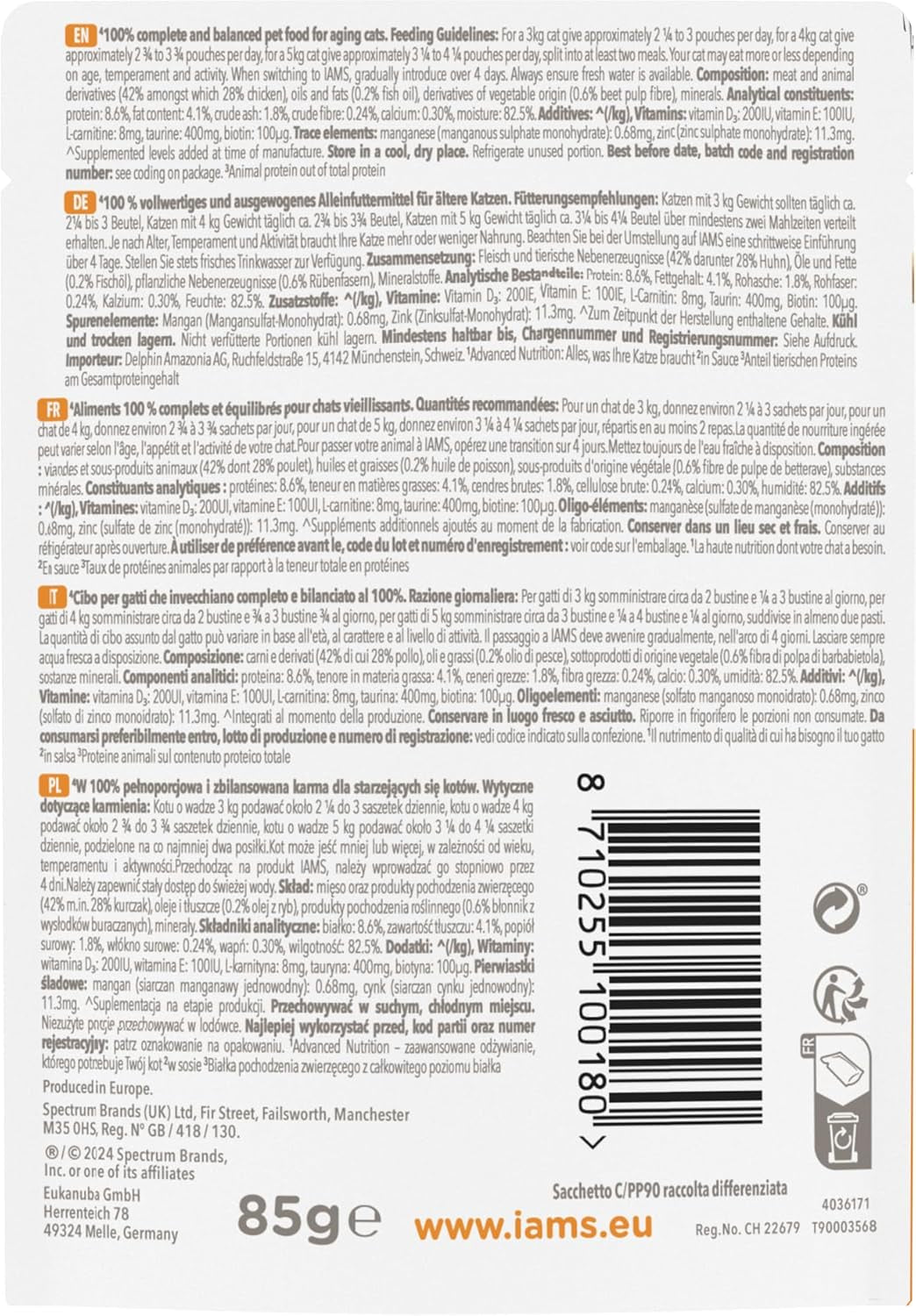 IAMS Delights Mokra karma dla kotów z kurczakiem w sosie dla starszych kotów od 7. roku życia – wielkość próbna, pojedyncza saszetka, 1 x 85 g