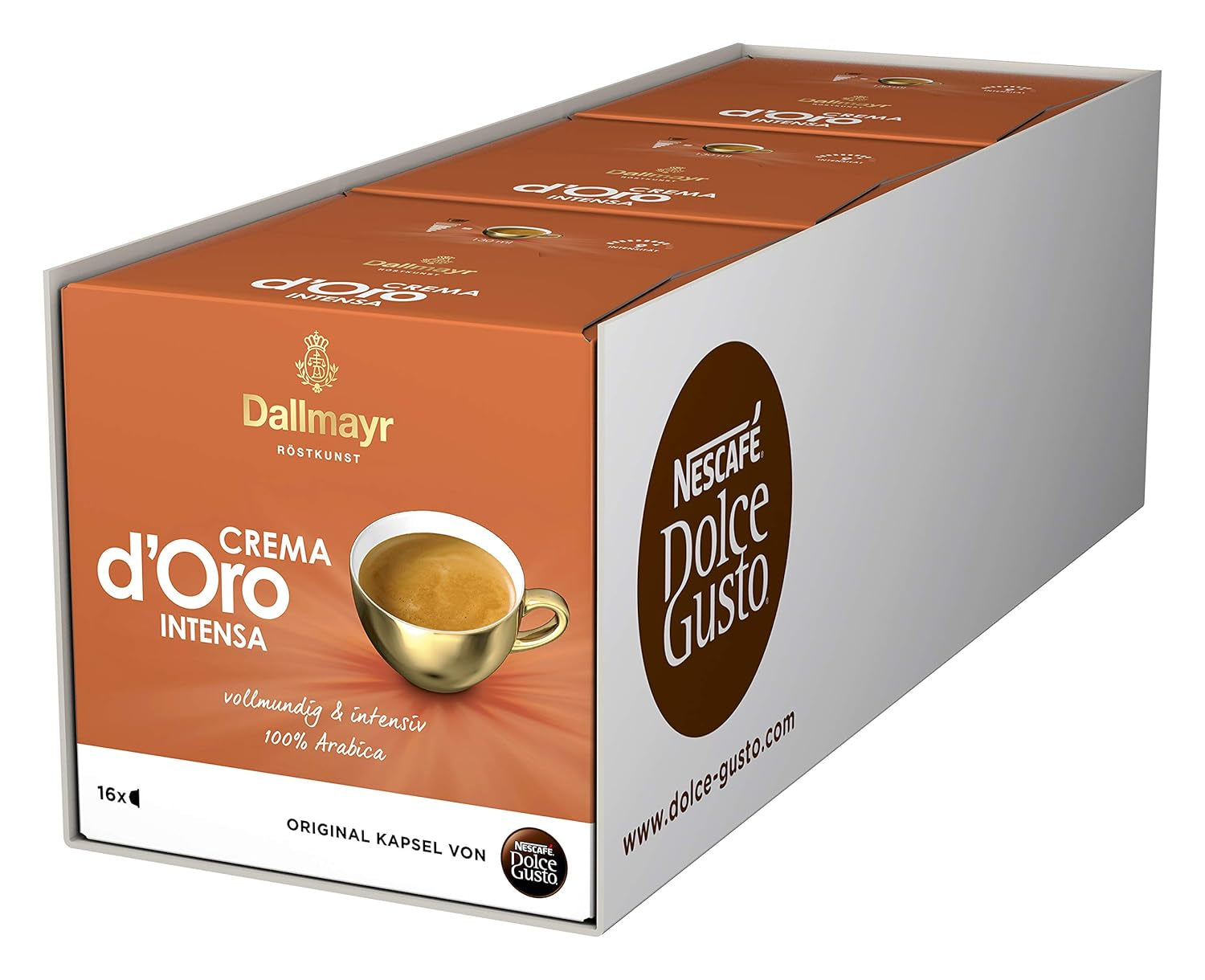 Dallmayr Crema d’Oro, XXL-Vorratsbox i Dallmayr Crema d’Oro intensa (48 Kaffeekapseln, Intensität 9 z 12, 100% Arabica-Bohnen), 3-pak (3x16 Kapseln)