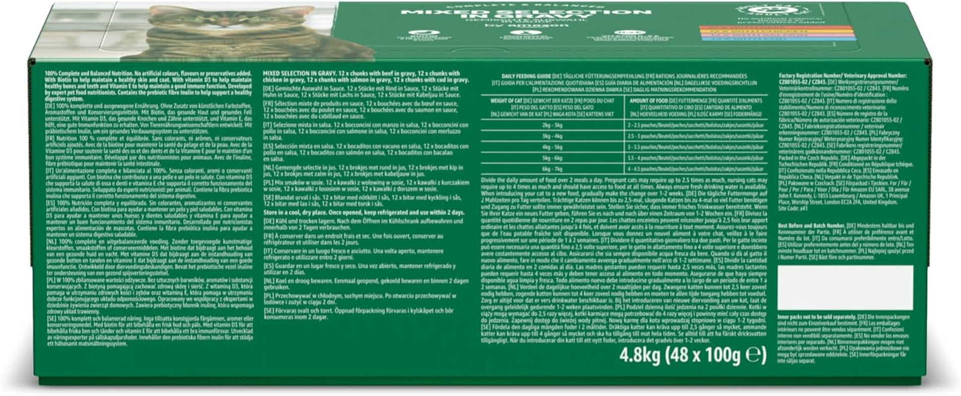 Mieszana karma mokra dla dorosłych kotów Amazon's w sosie 4,8 kg (48 opakowań x 100 g)