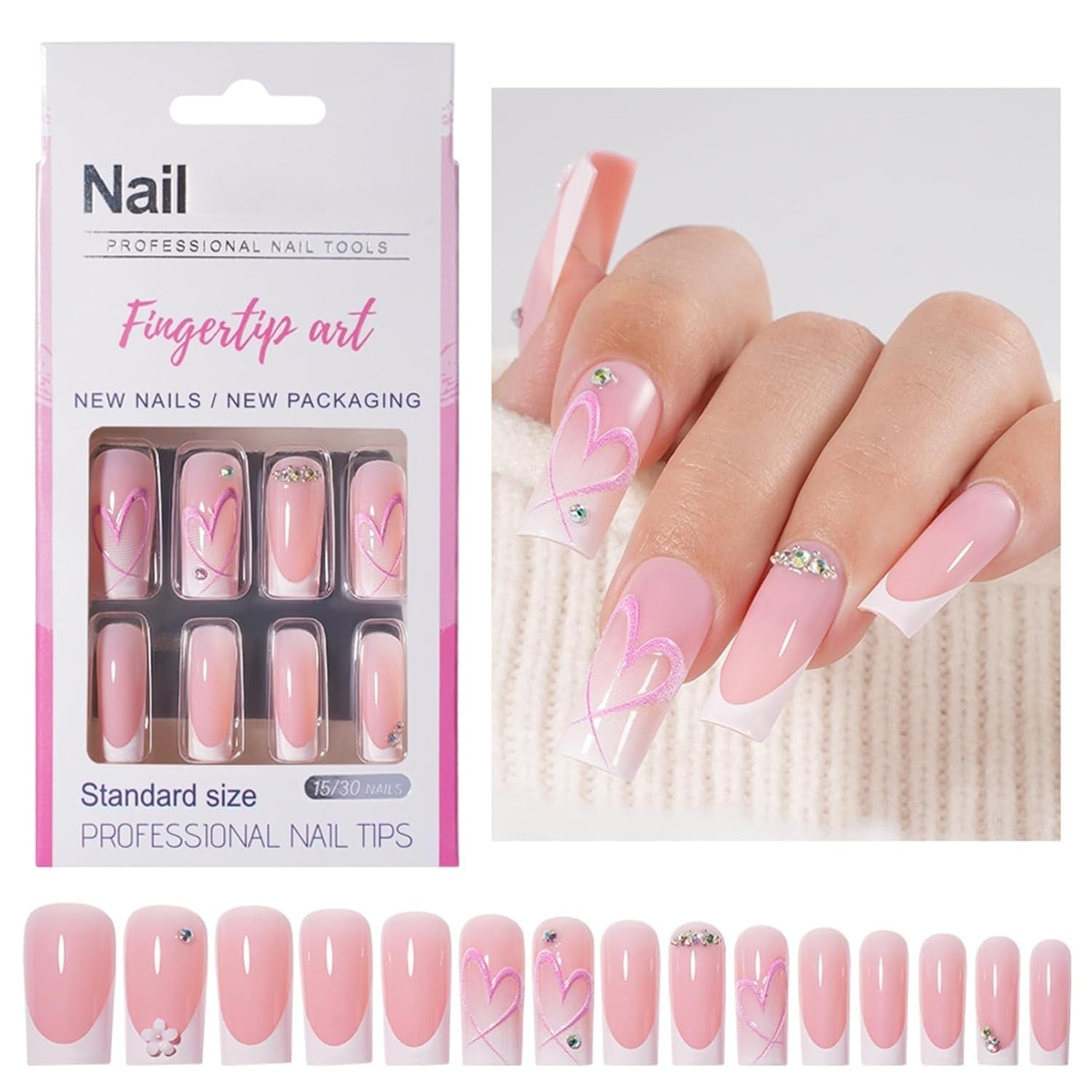 30 sztuk francuskie sztuczne paznokcie-klej na sztuczne paznokcie-miękkie paznokcie żelowe dla kobiet-akrylowe paznokcie samoprzylepne kwadratowy manicure (francuski różowy)