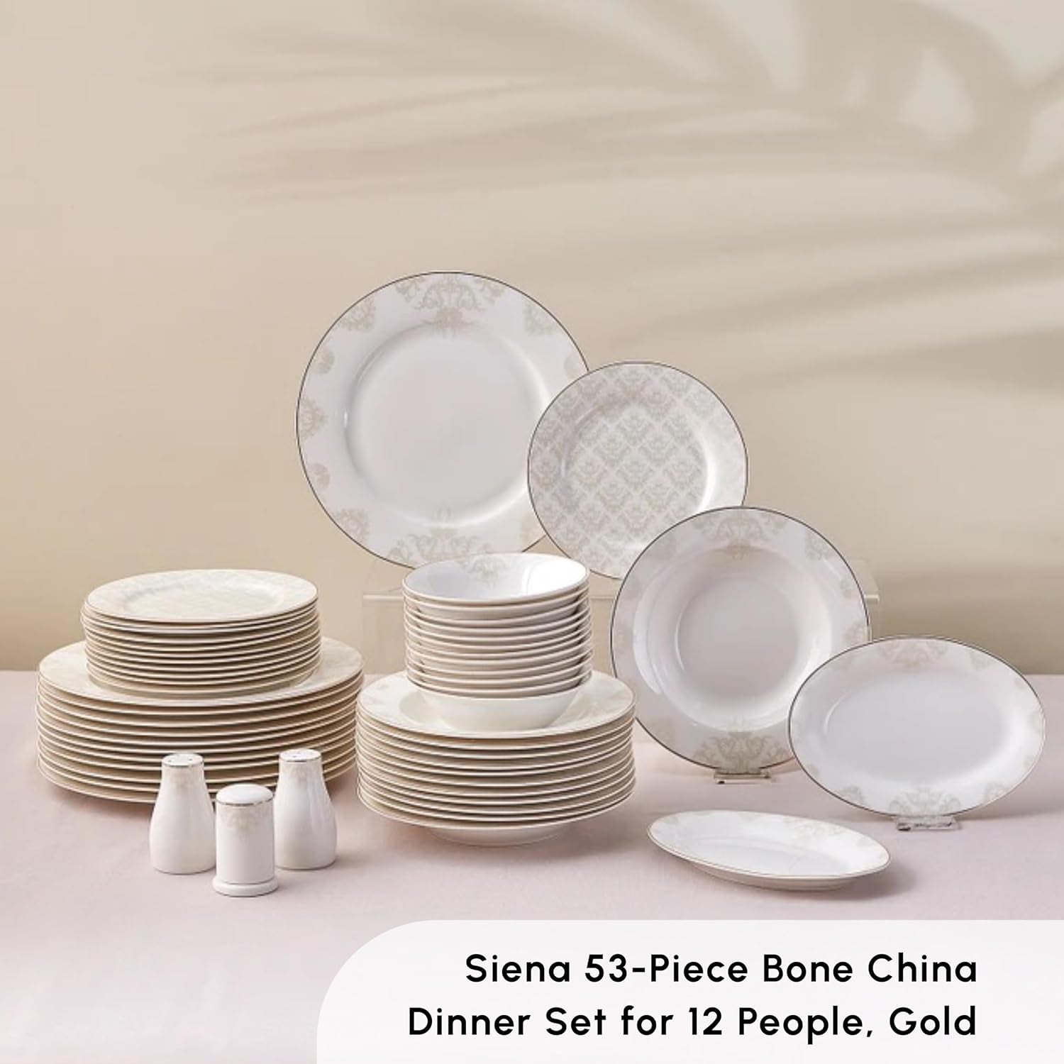 Zestaw naczyń obiadowych Karaca Elegance Bone Siena na 12 osób, nowoczesny zestaw naczyń porcelanowych, zestaw naczyń obiadowych z miskami na zupę, półmisek, talerze głębokie, talerze deserowe - białe i złote