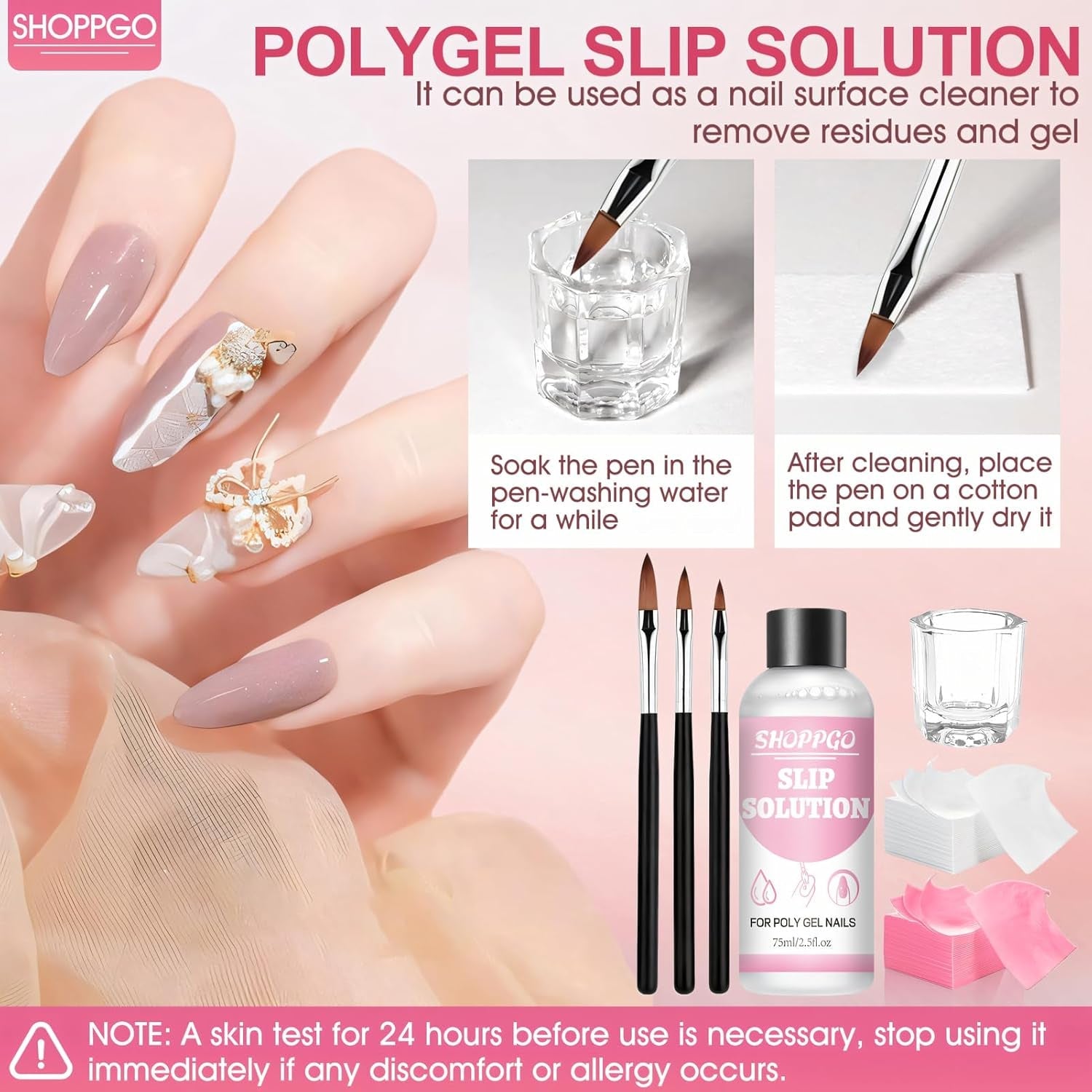 Roztwór do prostowania Polygel, zestaw do paznokci Polygel Slip Solution, roztwór do prostowania 75 ml, zawiera 5 klipsów na końcówki paznokci, 3 szczoteczki do paznokci, 1 kryształowy kubek, 100 arkuszy czyszczących