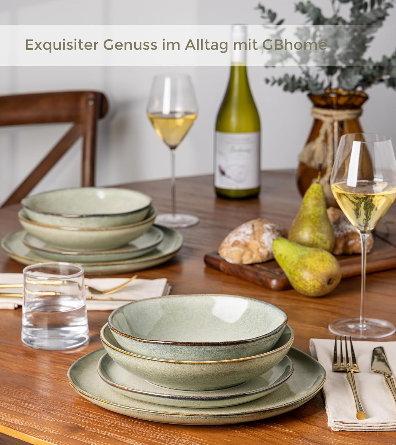 GBhome Zestaw ceramicznych naczyń obiadowych dla 6 osób 24-częściowy zestaw z glazurą reaktywną Ręcznie robiony zestaw misek i talerzy do kuchenki mikrofalowej i mycia w zmywarce Desret Sage GDW007GY-24P-EU