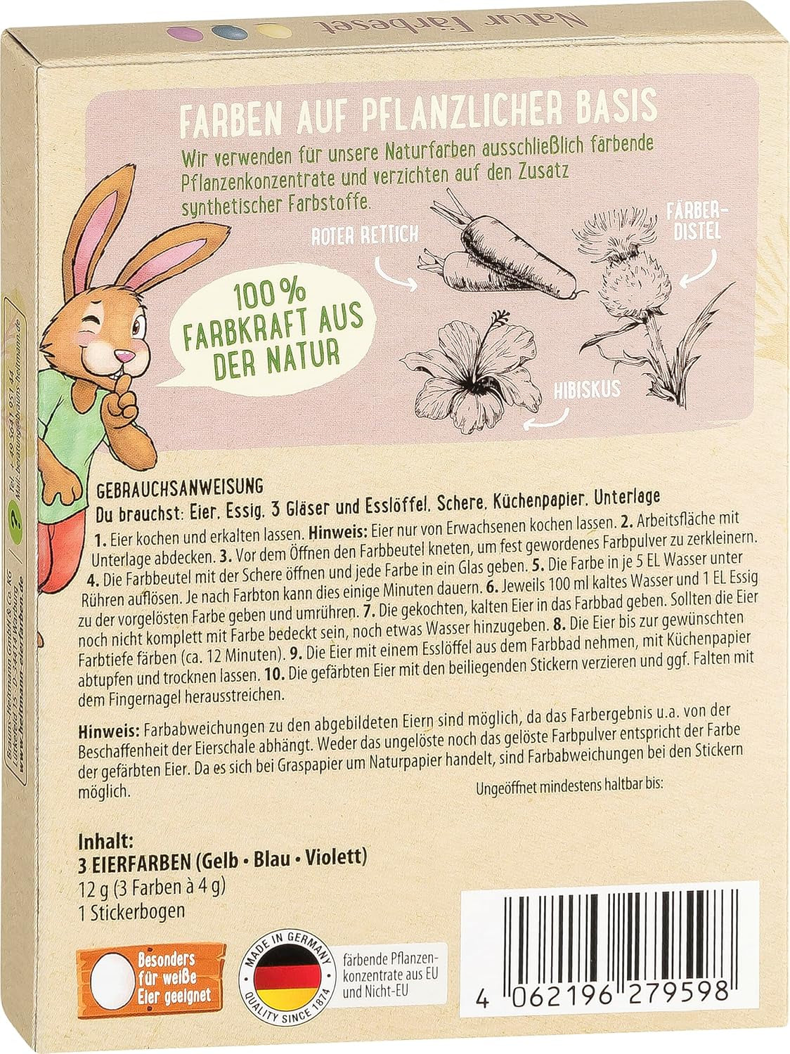 Zestaw naturalnych barwników Heitmann Egg Dye, 3 proszki barwnika do jaj (żółty, fioletowy, szaro-niebieski), arkusz naklejek z papieru z trawy