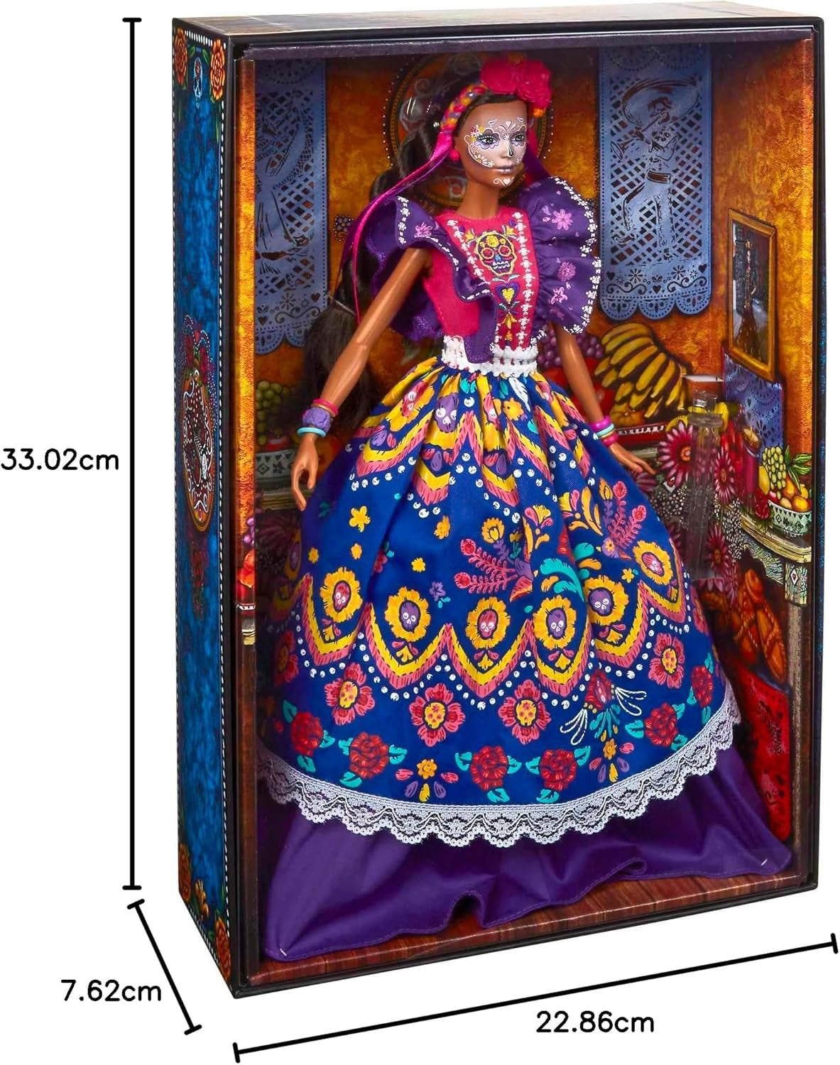 2022 Día De Muertos Lalka Barbie z marszczoną tradycyjną sukienką, wieńcem kwiatowym i farbą do twarzy Calavera, prezent dla kolekcjonerów