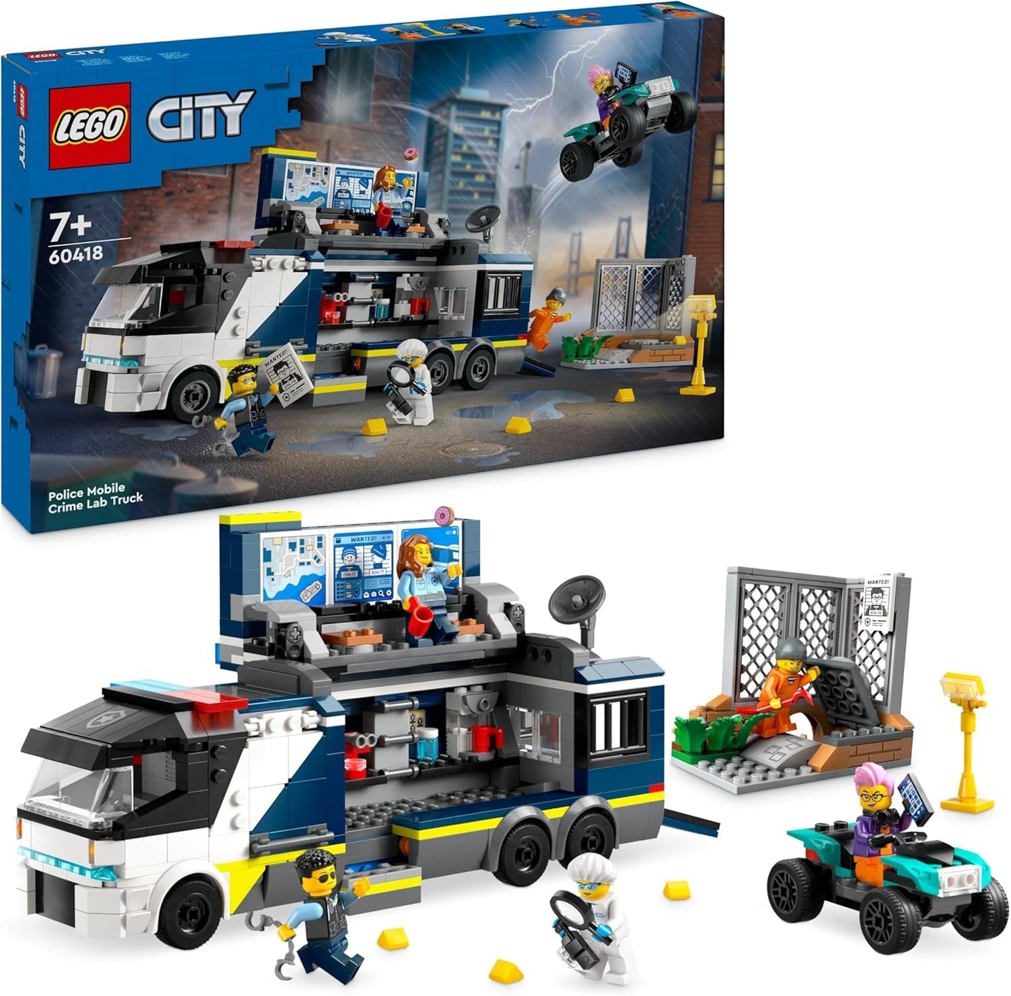 LEGO City Ciężarówka policyjna z laboratorium, quad policyjny i zabawkowa ciężarówka dla dzieci, prezent dla chłopców i dziewcząt w wieku od 7 lat oraz 5 minifigurek — 2 policjantów, 1 naukowiec i 2 oszustów 60418 Zestawy do budowania Beuche den LEGO-Store Single