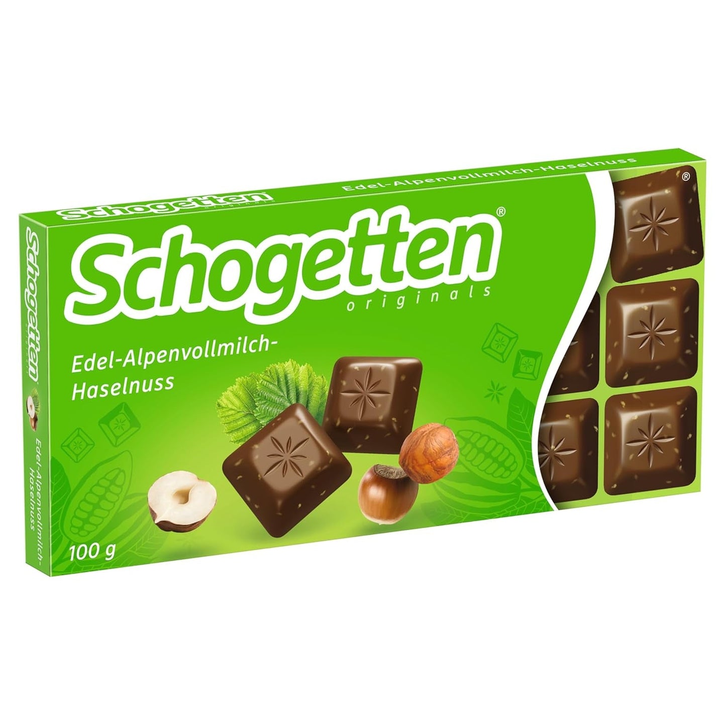Alpejska czekolada mleczna Schogetten Premium z orzechami laskowymi, 100 g tabliczka czekolady, pojedynczo porcjowana. Rozkosz. Kawałek po kawałku.