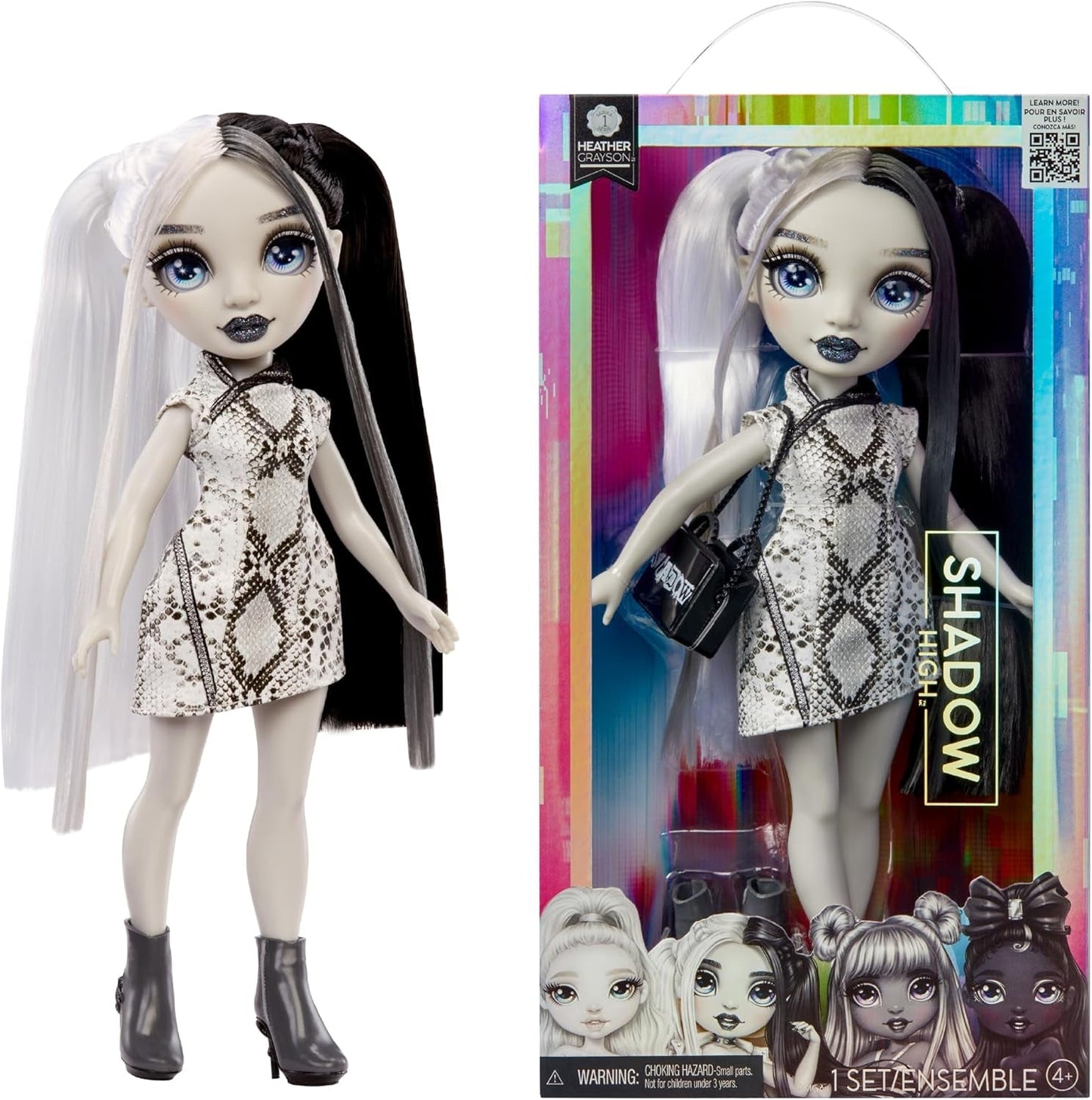 Lalka Rainbow High Shadow High Heather Grayson - 28 cm w odcieniach szarości, czarno-białych włosów i stroju, stylowa torba, słodki prezent dla dzieci w wieku 4-10 lat