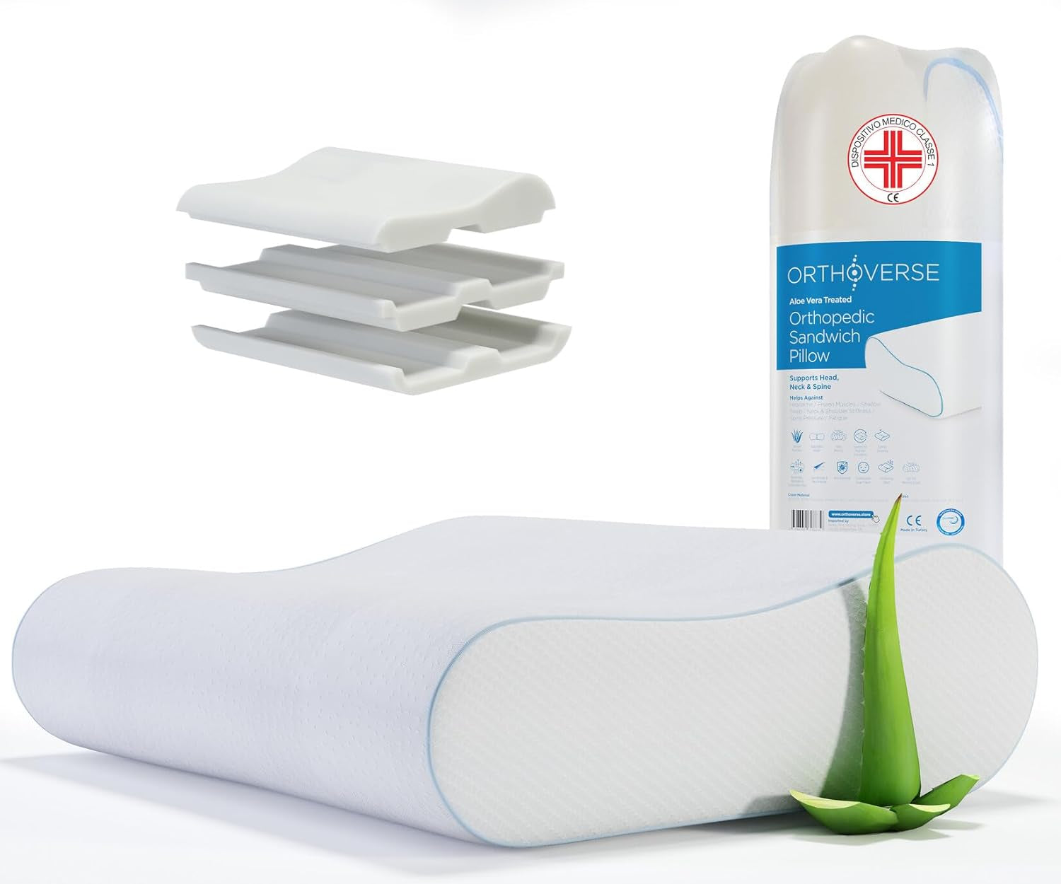 ORTHOVERSE poduszka ortopedyczna - poduszka podtrzymująca szyję, poduszka do spania, poduszka, poduszka z pianki memory, poduszka, poduszka przeciwbólowa szyi - regulacja wysokości, pokrowiec z aloesu, pomoc medyczna Poduszki ortopedyczne szyjne Naty Shop 1