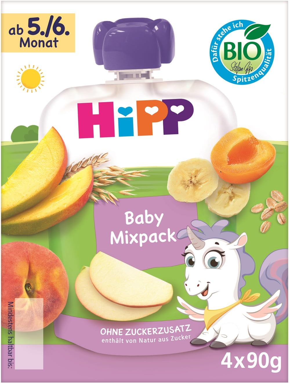 Organiczne woreczki do wyciskania HiPP, opakowanie mieszane, 16 sztuk (4 opakowania po 4 x 90 g każde), dla dzieci w wieku 5/6 miesięcy, cztery pyszne smaki, bez dodatku cukru, najlepsza jakość organiczna