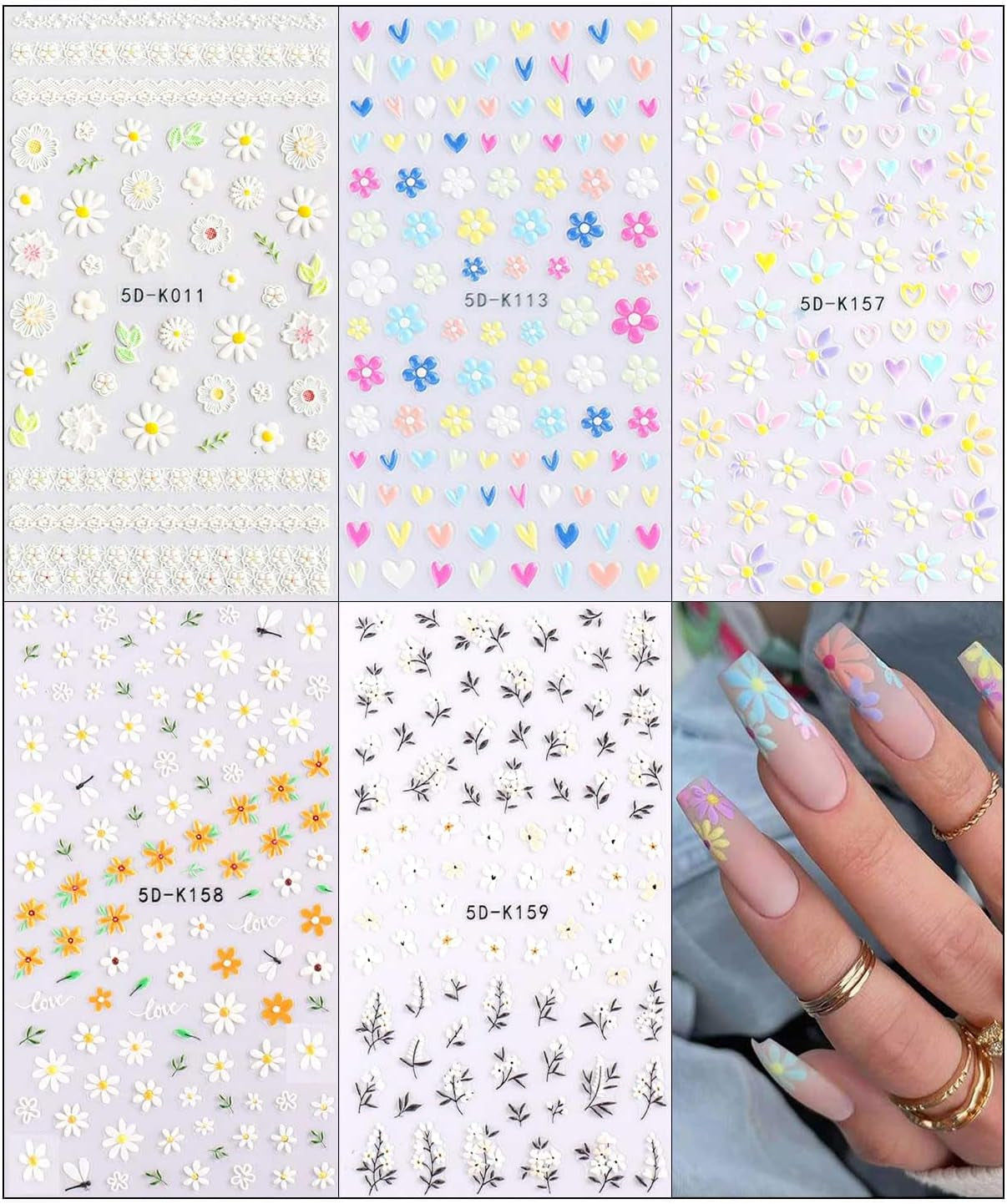 JMEOWIO 3D Nagelsticker Frühling Blumen 5 Blatt Nagelaufkleber 5D Stereoskopisch Selbstklebend Bunte Blüte Nail Art Naklejka Dekoracja Nageldesign Zubehör